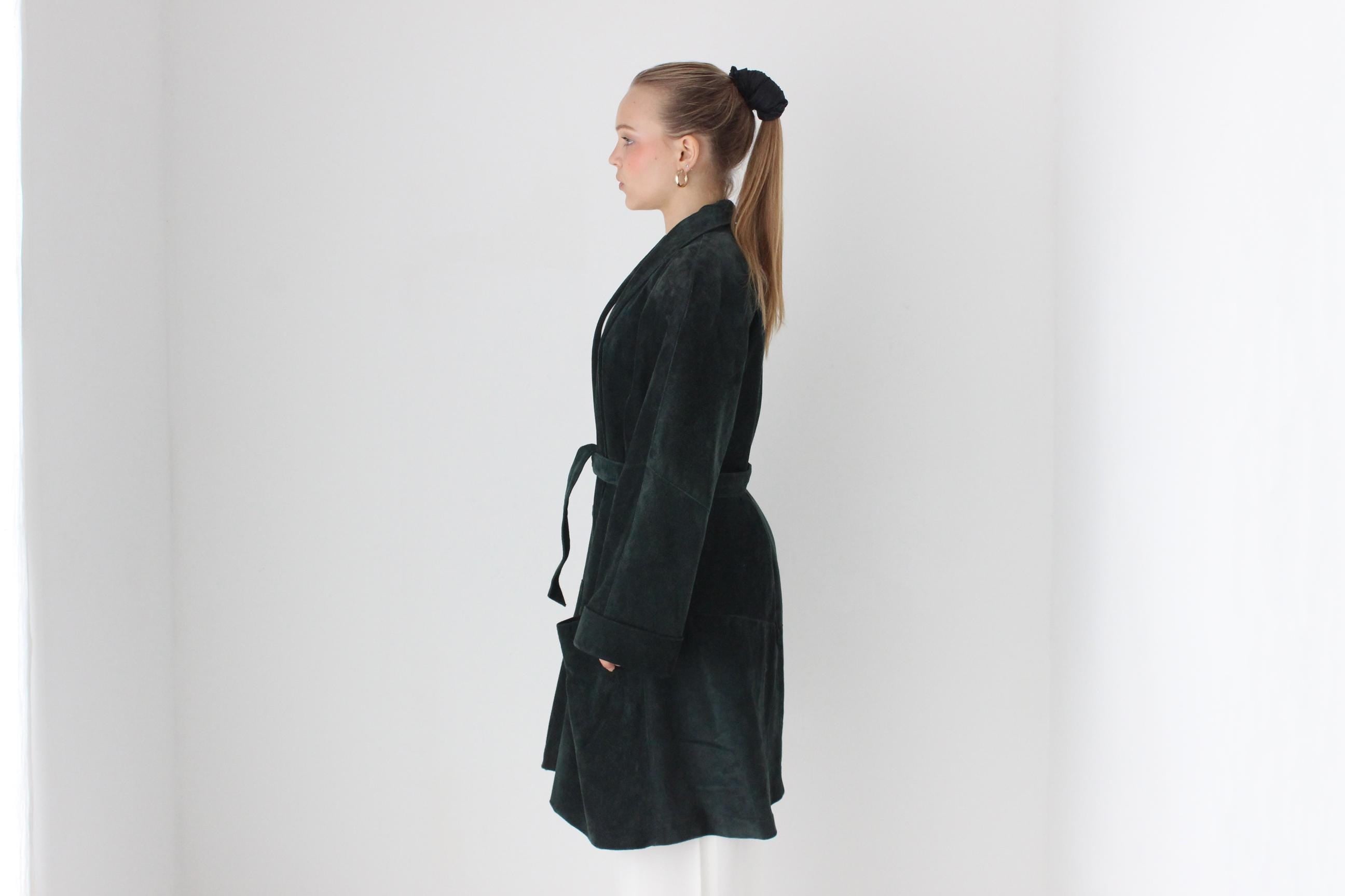 80s Forest Green Suede Shawl Collar Belted Trench