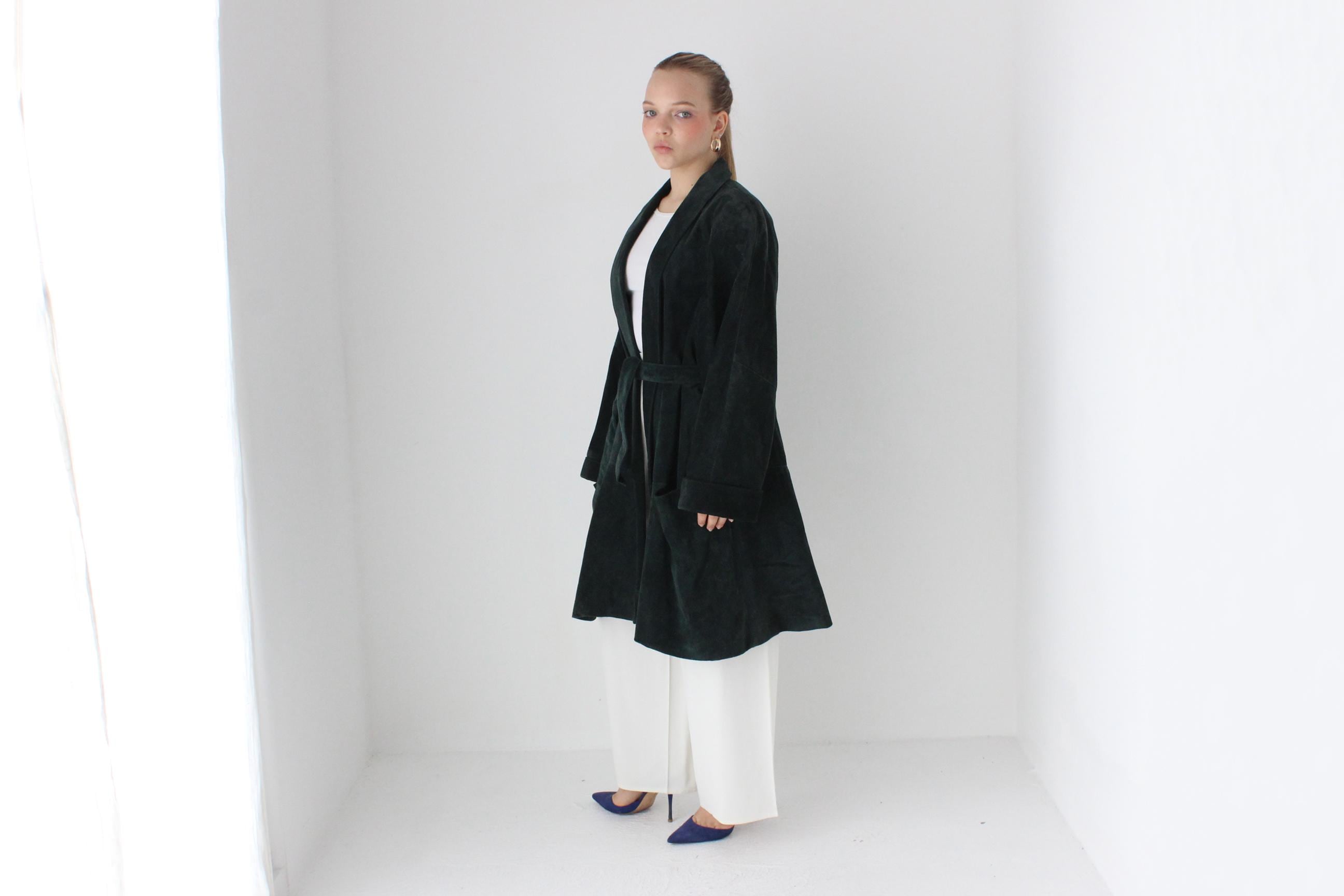 80s Forest Green Suede Shawl Collar Belted Trench