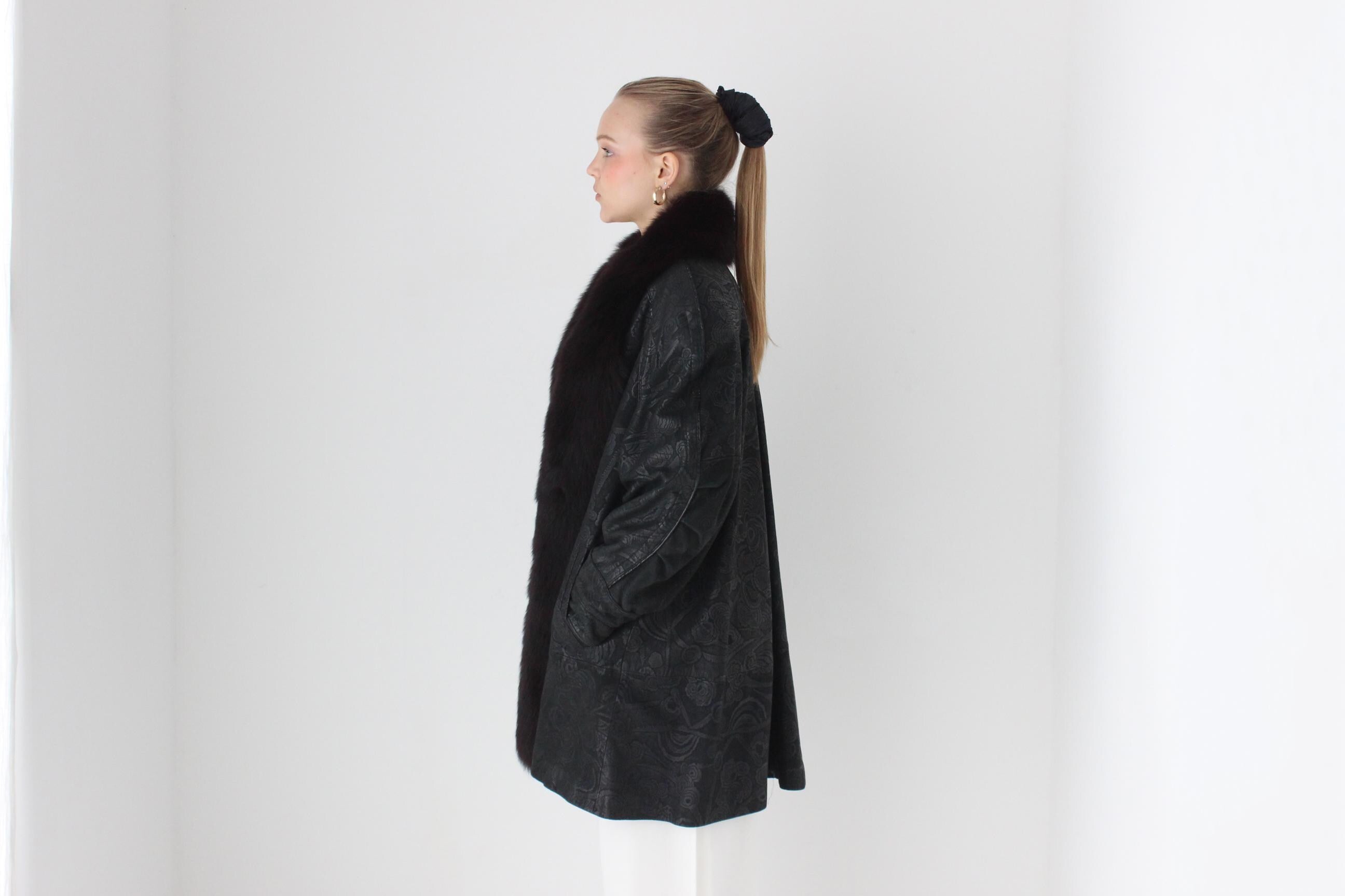 DIVINE 80s Embossed Leather + Fox Fur Collar Coat by Marvin Richards