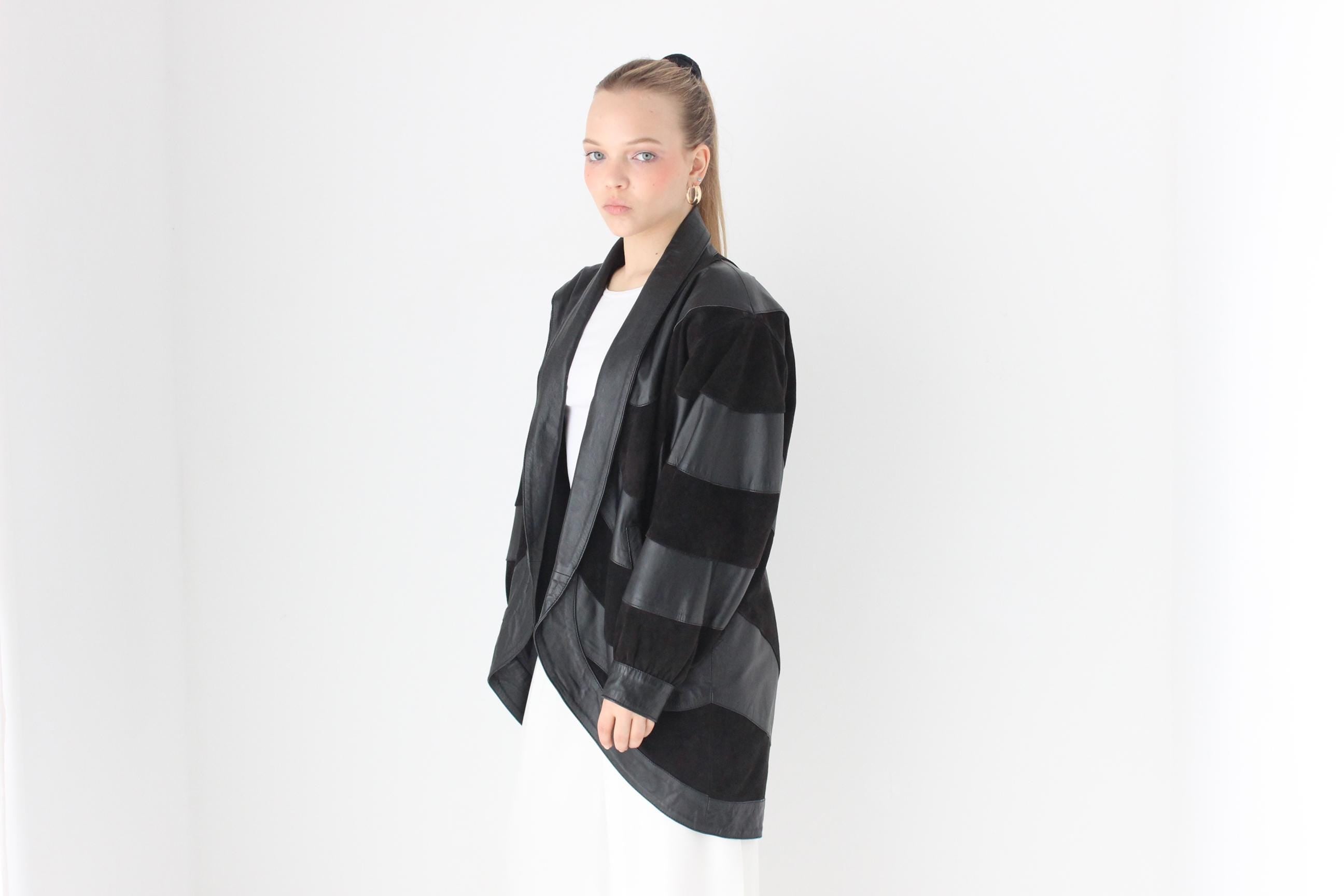 Phenomenal 80s Suede & Leather Chevron Stripe Batwing Coat