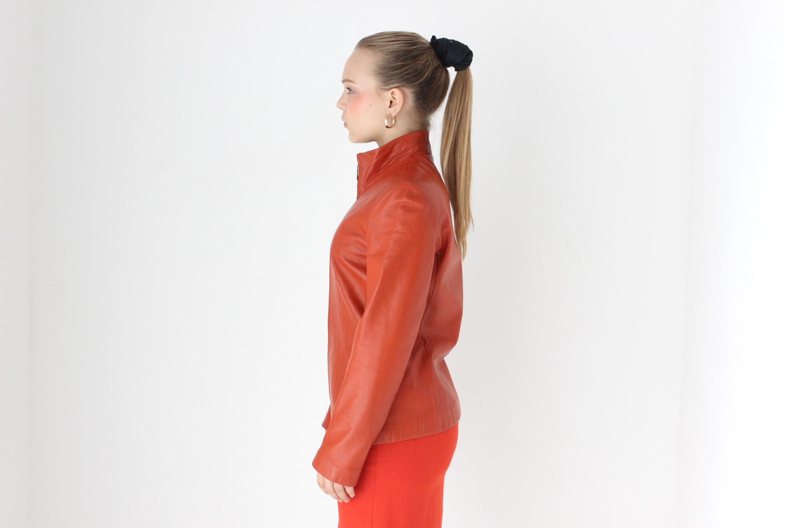 Y2K Coral Zip Up High Collar Leather Jacket by Siena Studio