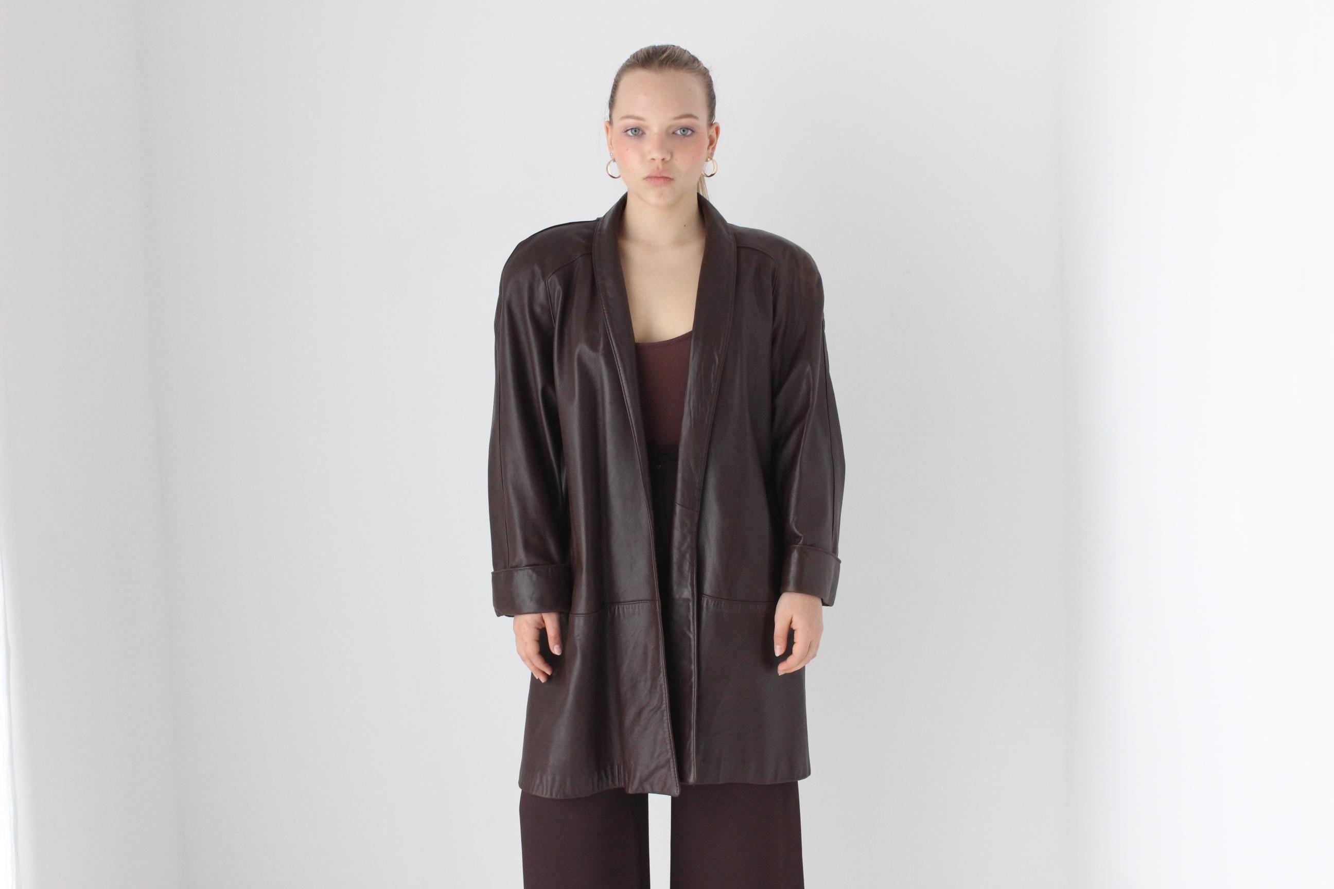 Buttery 80s Chocolate Leather Swing Coat by Maxima