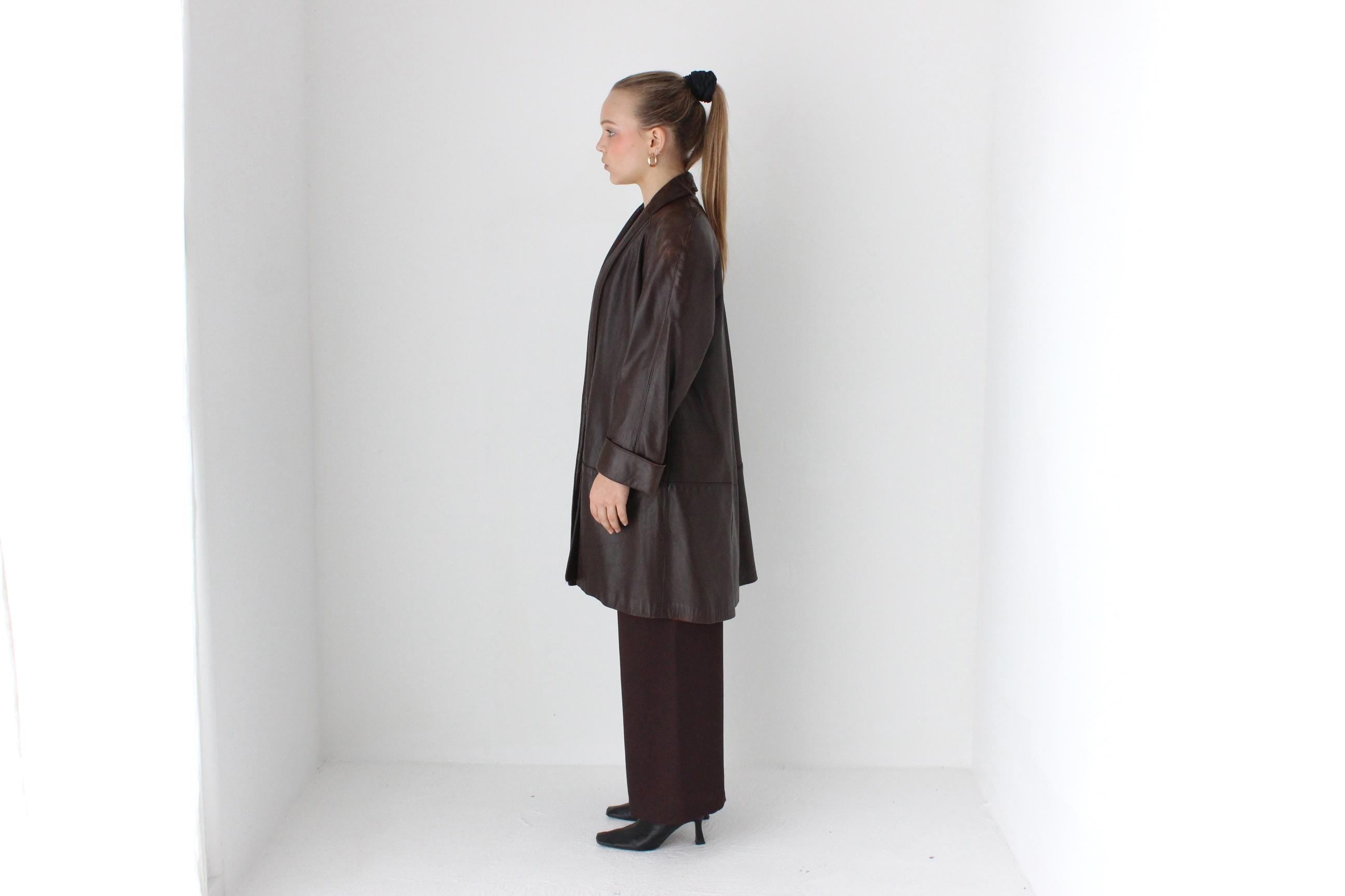 Buttery 80s Chocolate Leather Swing Coat by Maxima