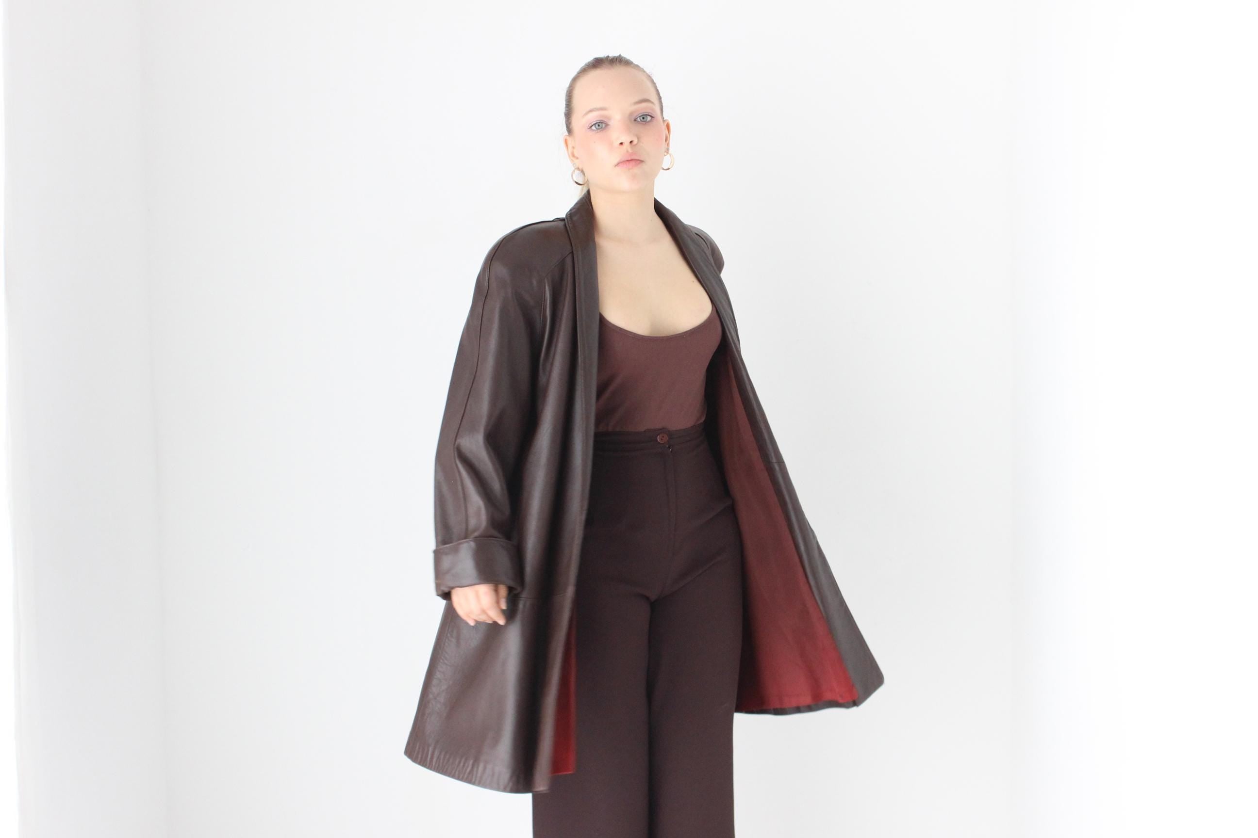 Buttery 80s Chocolate Leather Swing Coat by Maxima