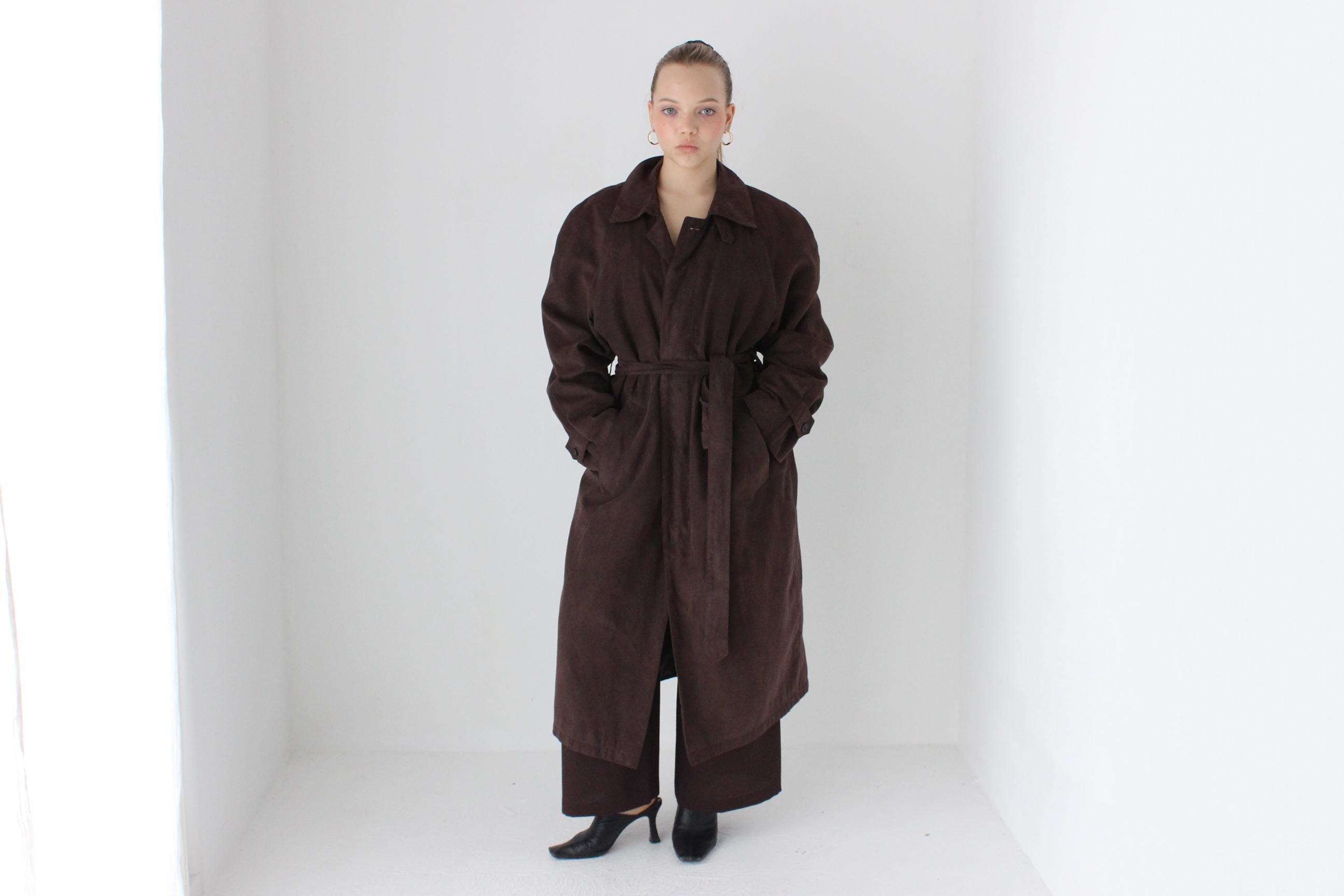 90s Bill Blass Chocolate Microsuede Belted Trench