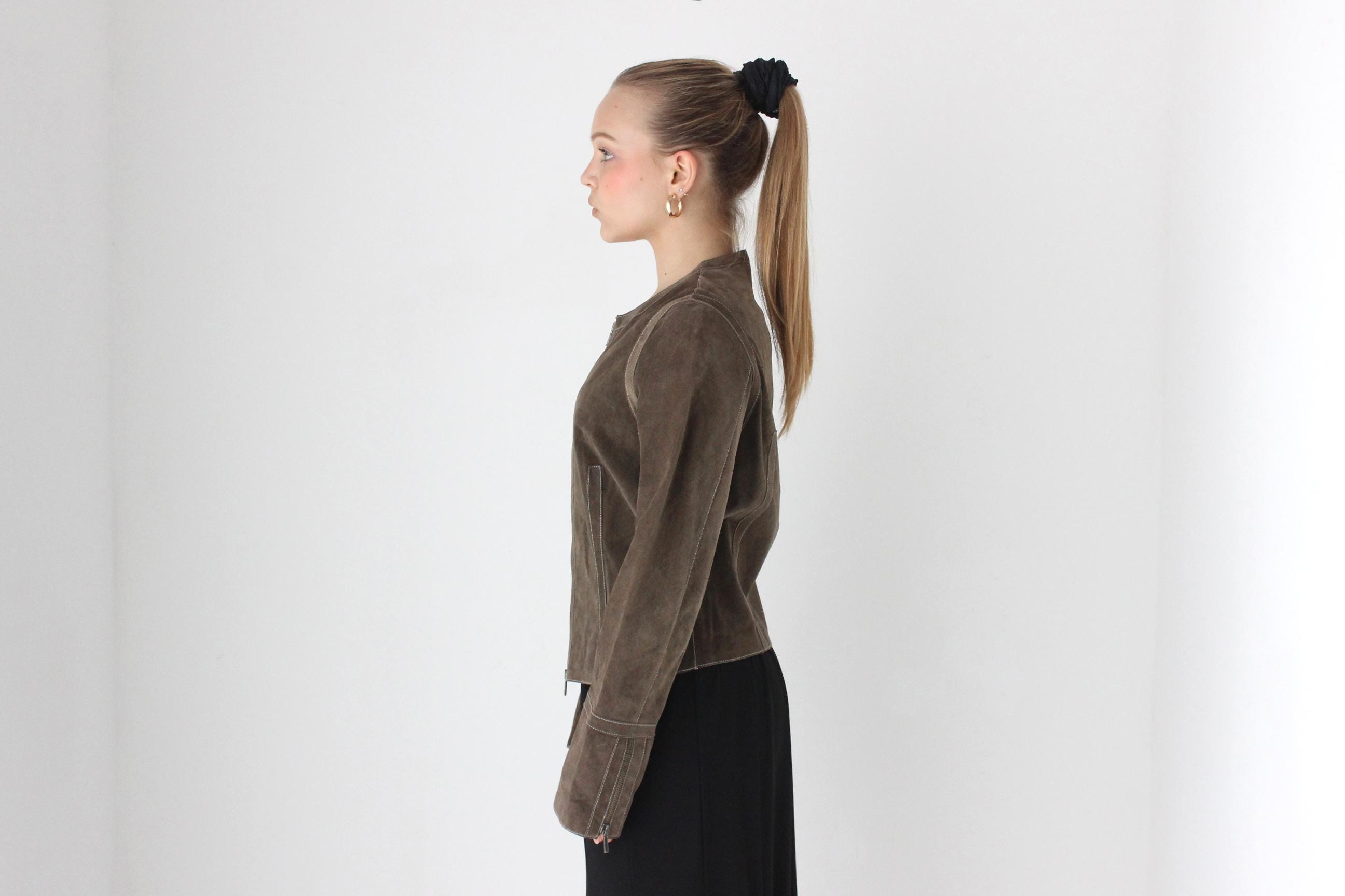 Y2K Italian Suede Minimal Zip Front Collarless Leather Jacket by Joseph