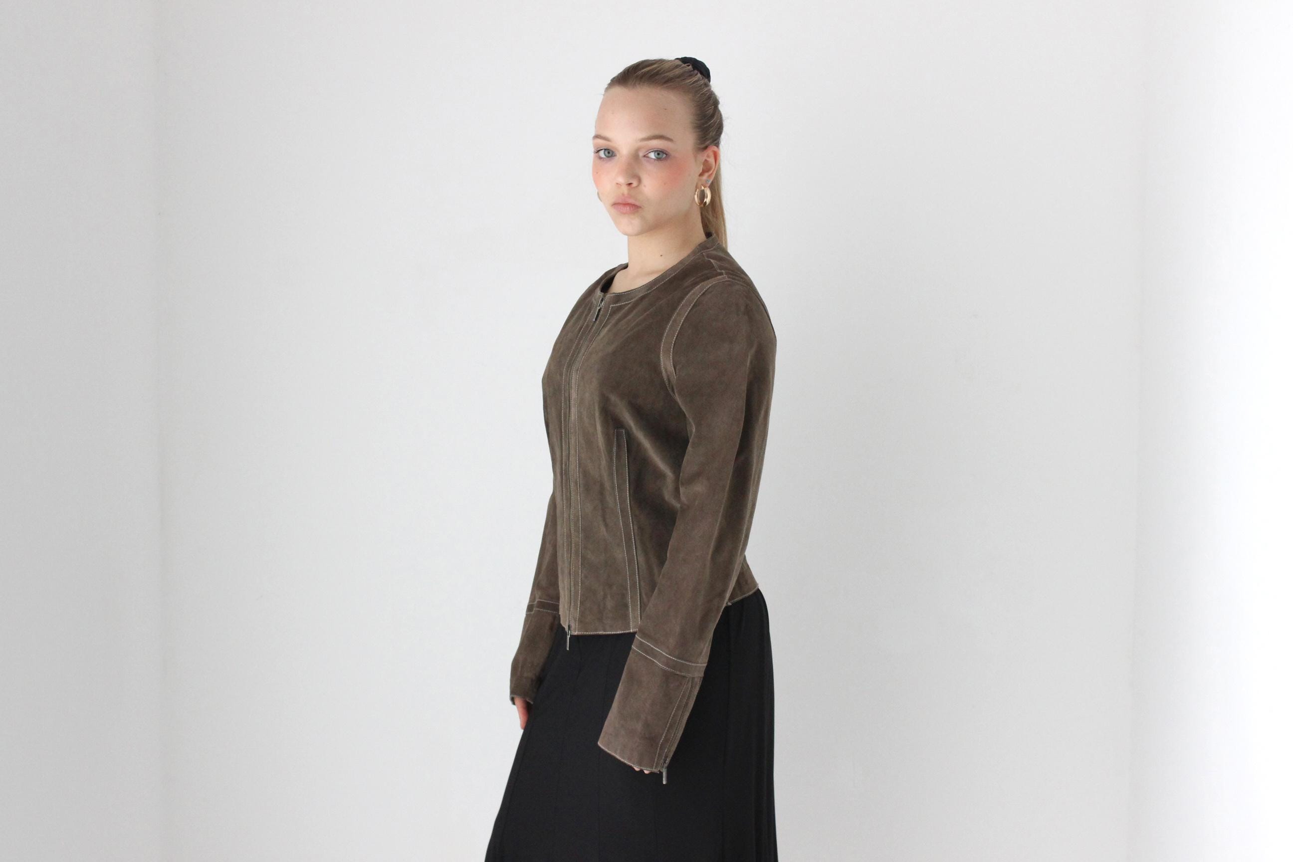 Y2K Italian Suede Minimal Zip Front Collarless Leather Jacket by Joseph
