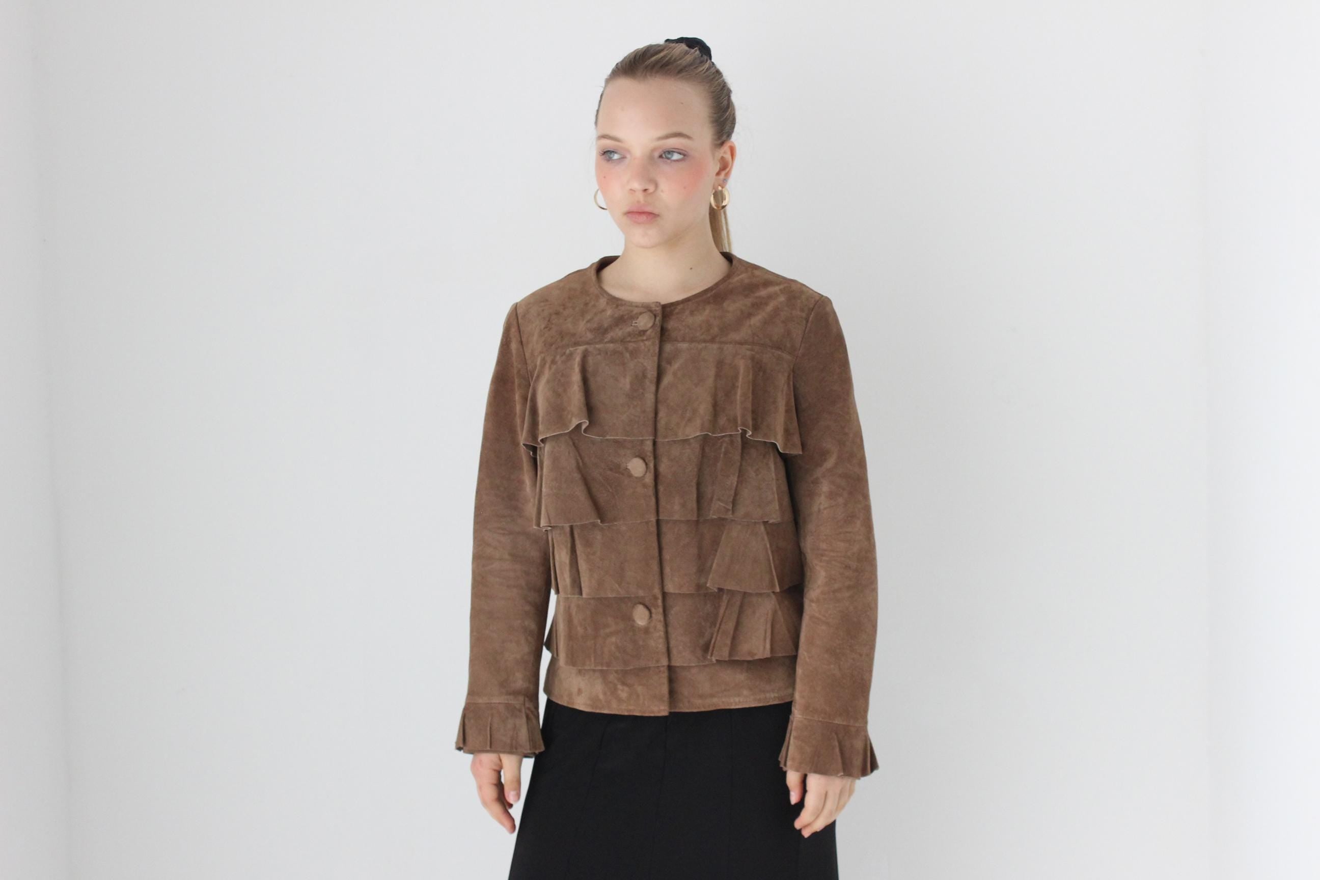 Y2K Caramel Suede Ruffle Front Collarless Leather Jacket
