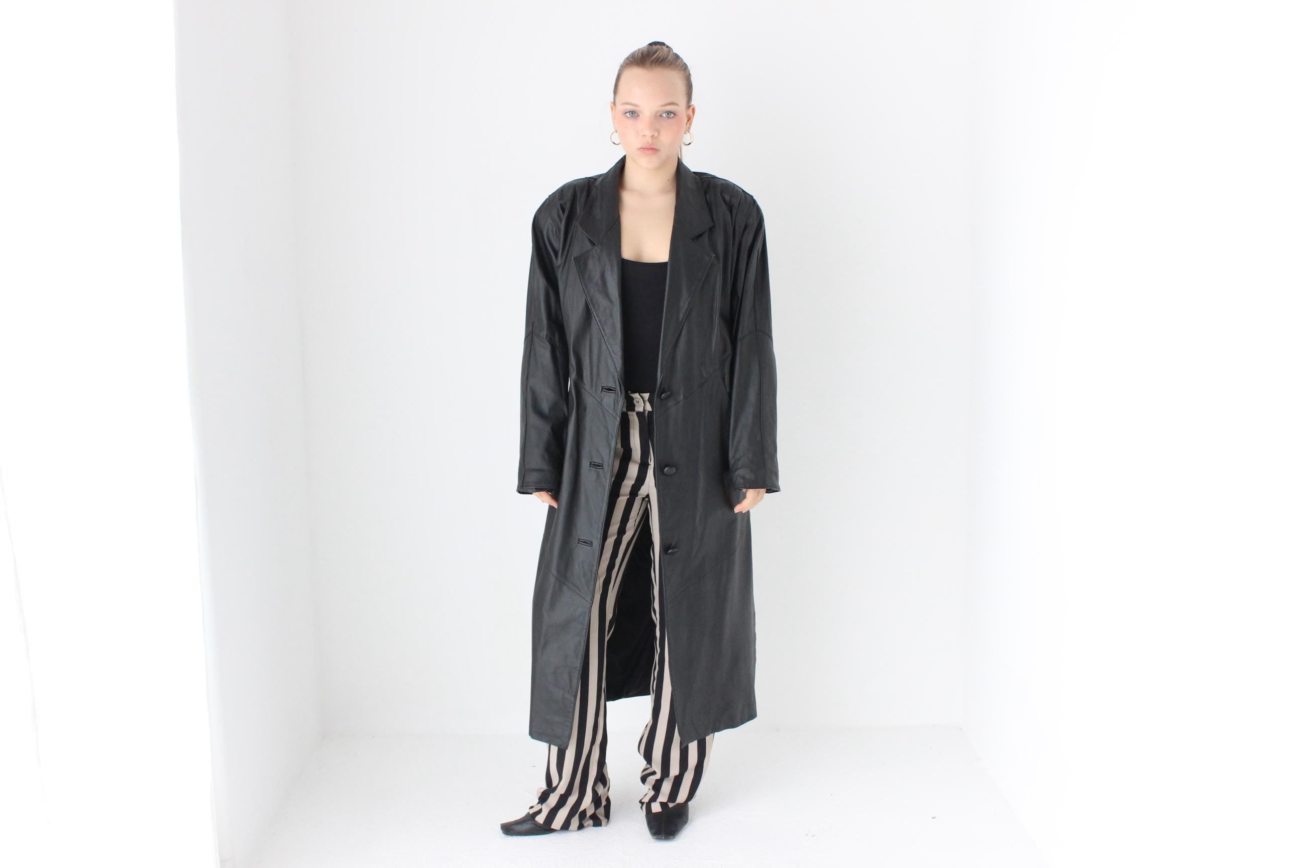 80s Minimal Black Leather Button Up Trench by Avanti