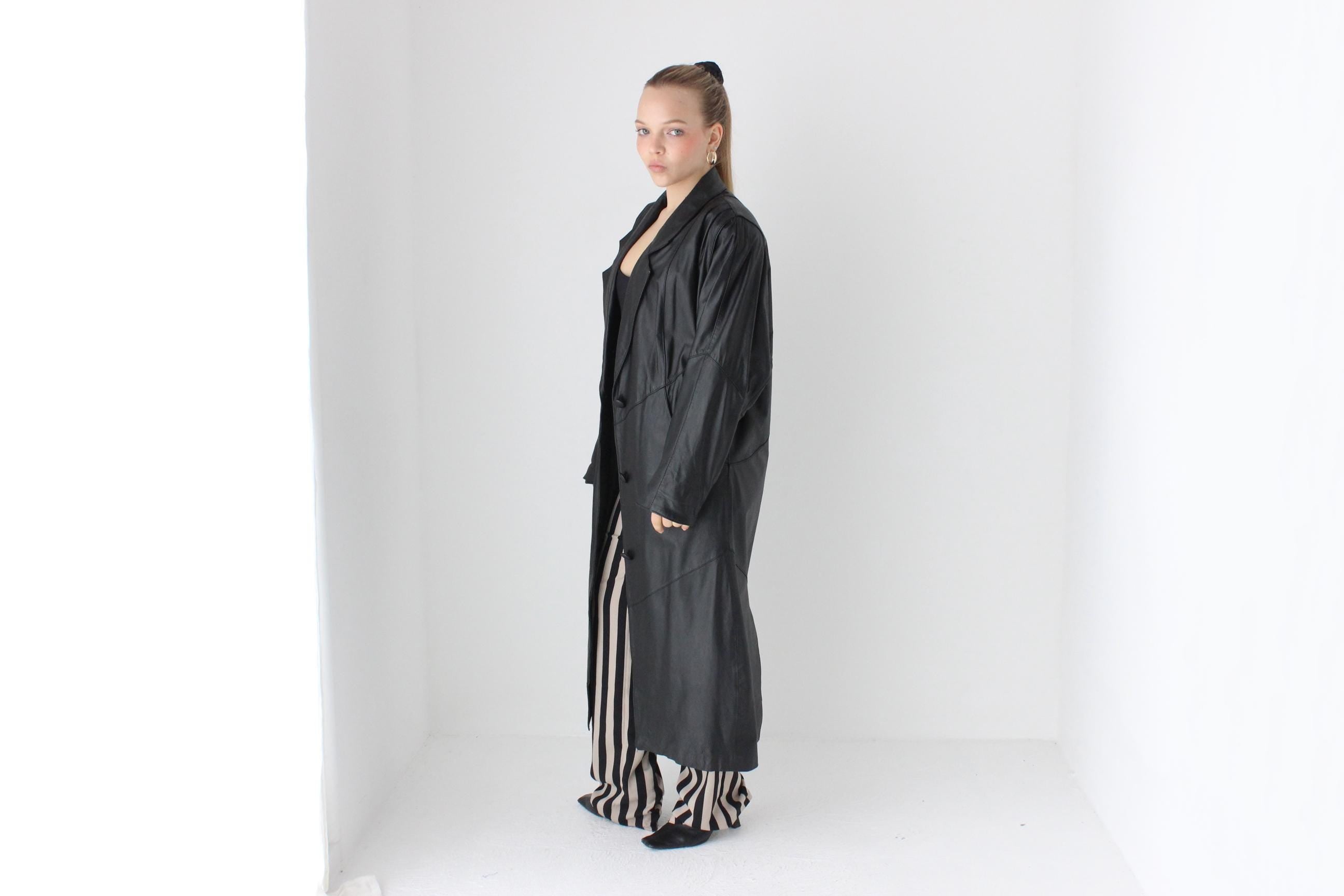 80s Minimal Black Leather Button Up Trench by Avanti
