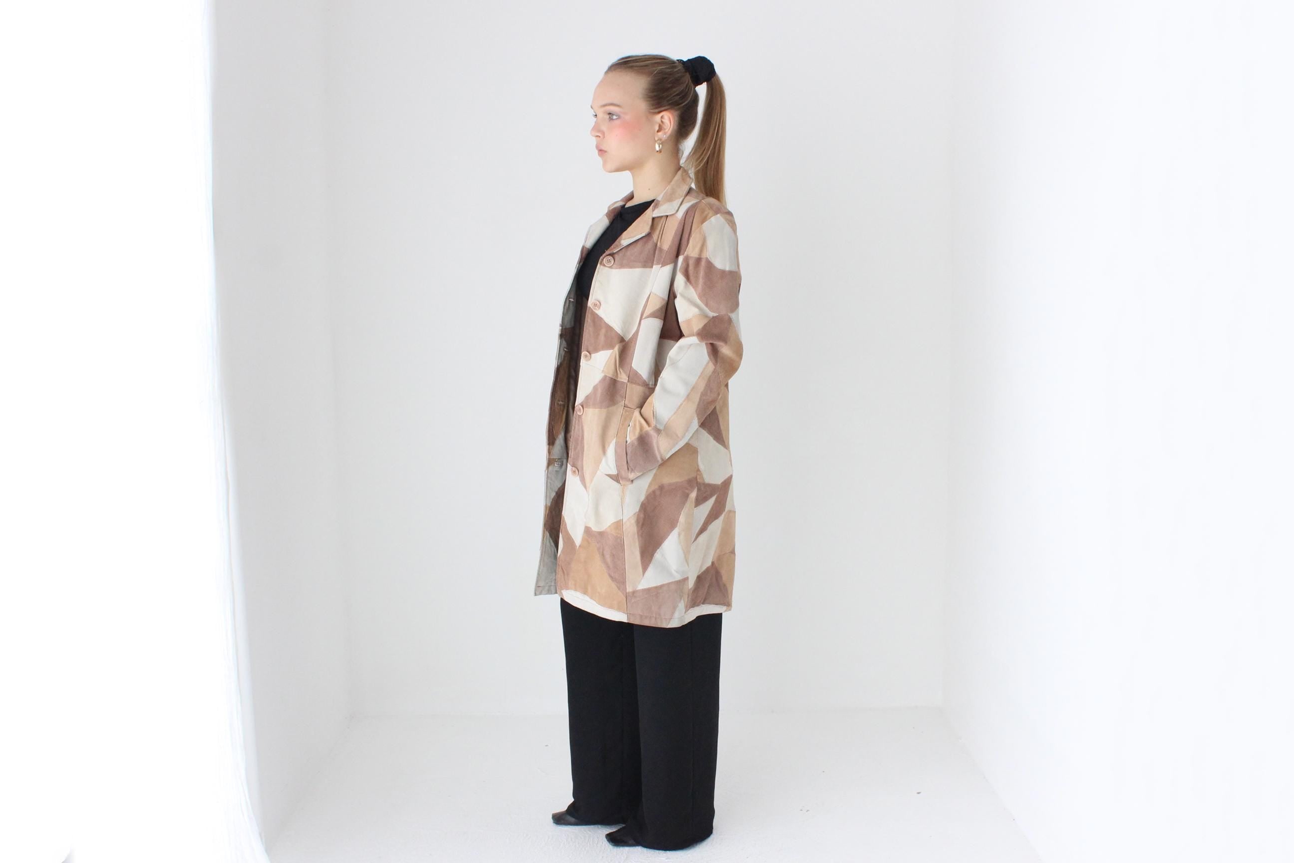 90s Patchwork Suede Caramel Button Coat