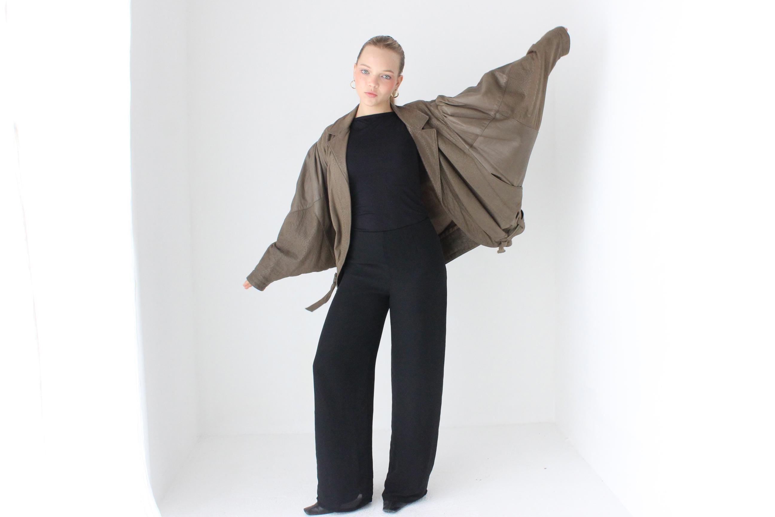 80s Softest Olive Leather Batwing Bomber
