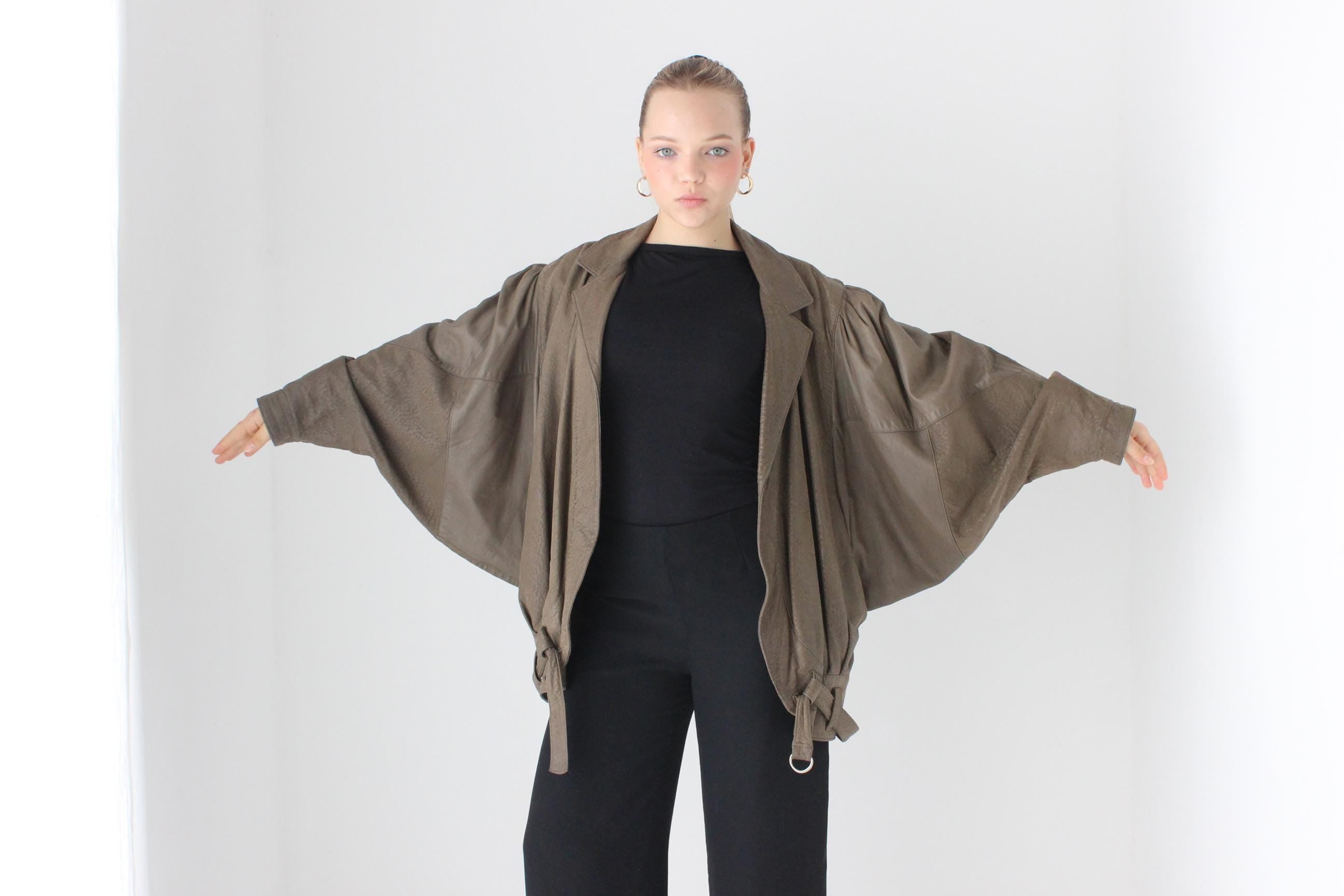 80s Softest Olive Leather Batwing Bomber
