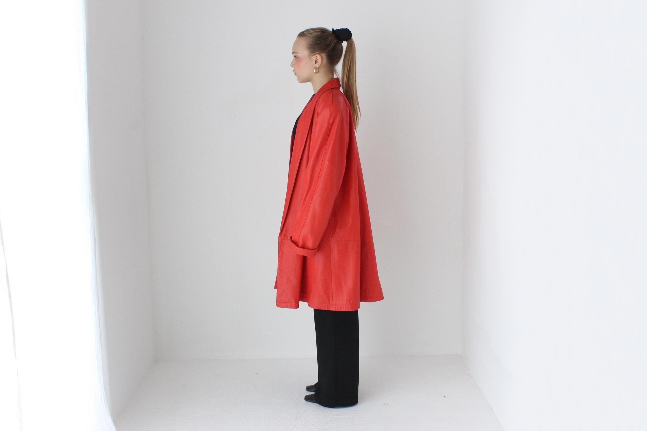 Buttery 80s Coral Red Leather Shawl Collar Swing Coat by Vakko