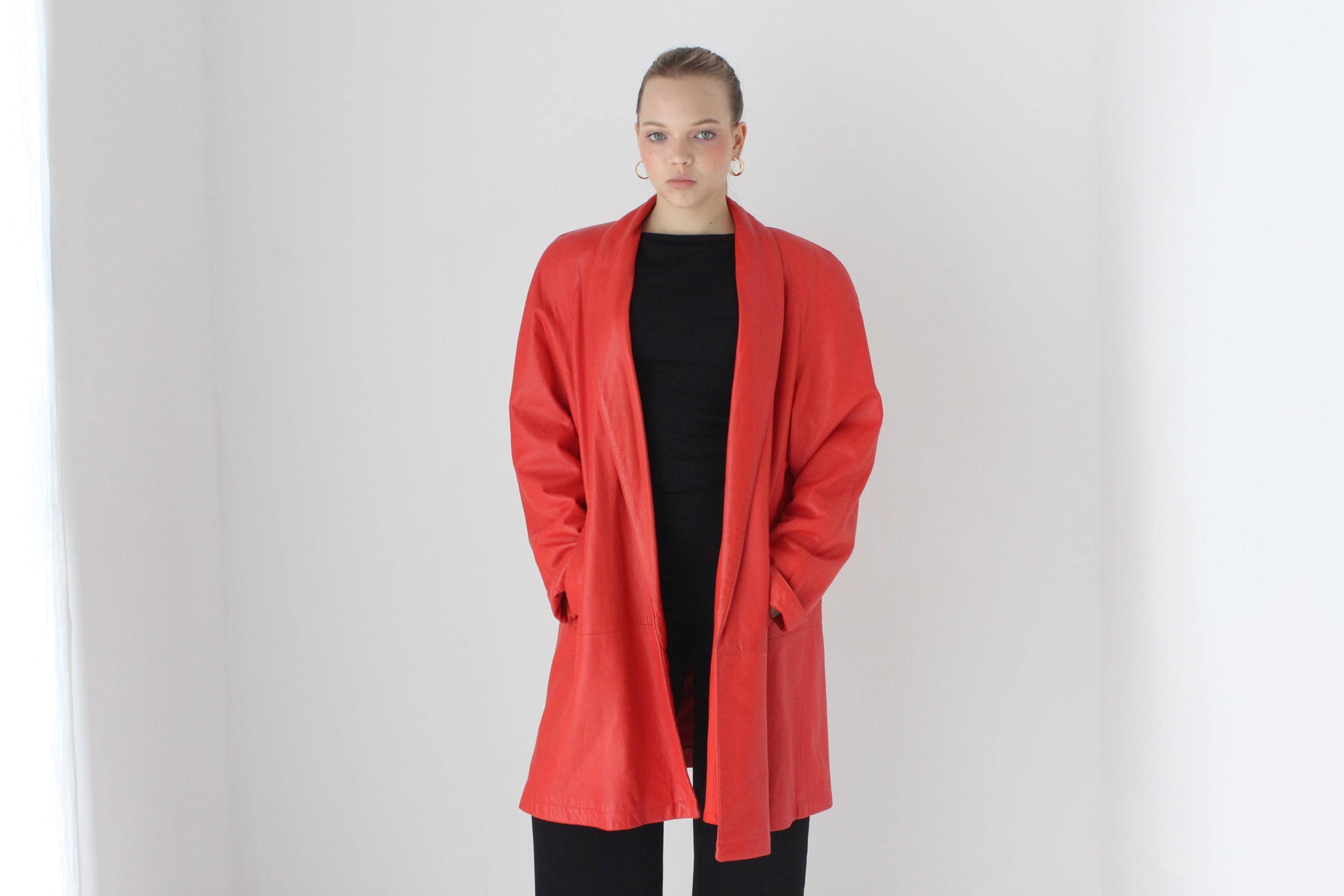 Buttery 80s Coral Red Leather Shawl Collar Swing Coat by Vakko