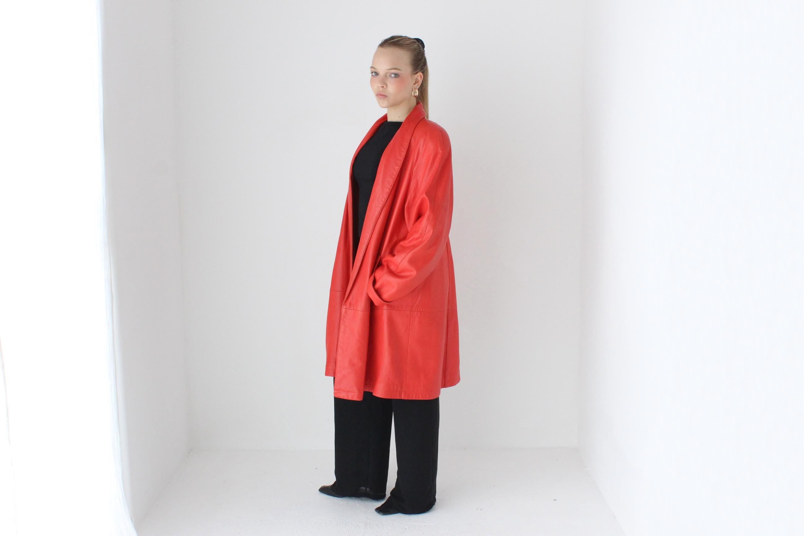Buttery 80s Coral Red Leather Shawl Collar Swing Coat by Vakko