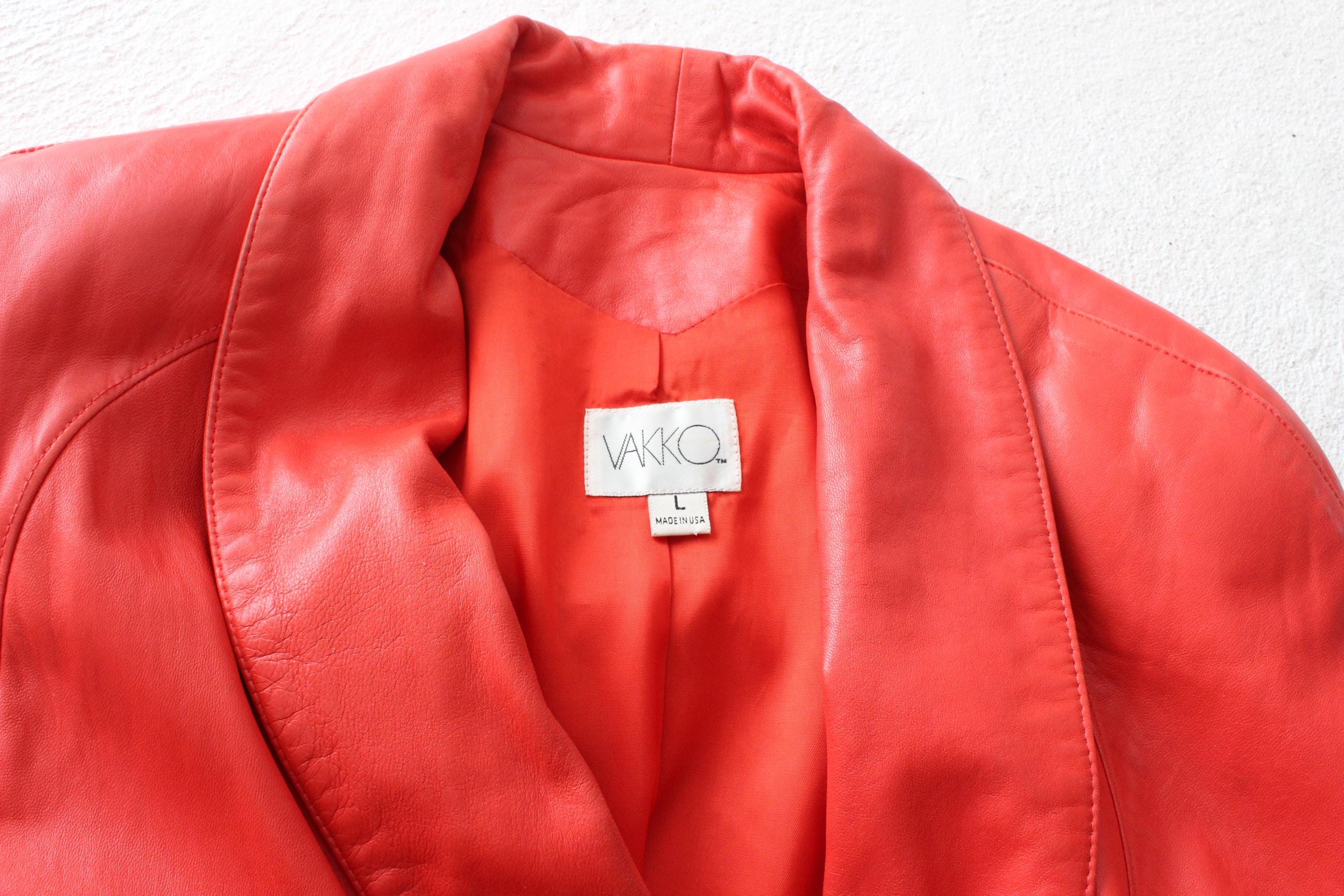 Buttery 80s Coral Red Leather Shawl Collar Swing Coat by Vakko