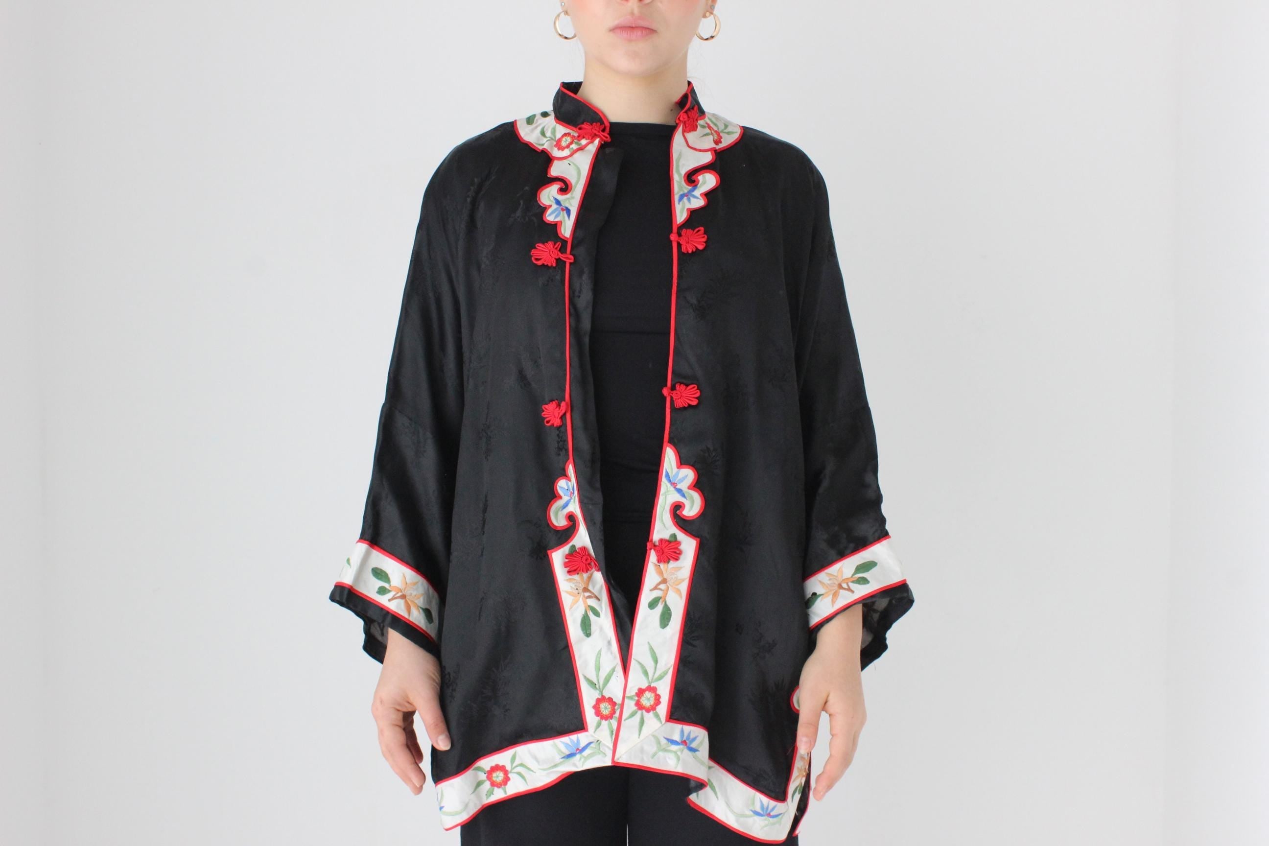 80s Chinese Intricate Embroidered Rayon Satin Robe