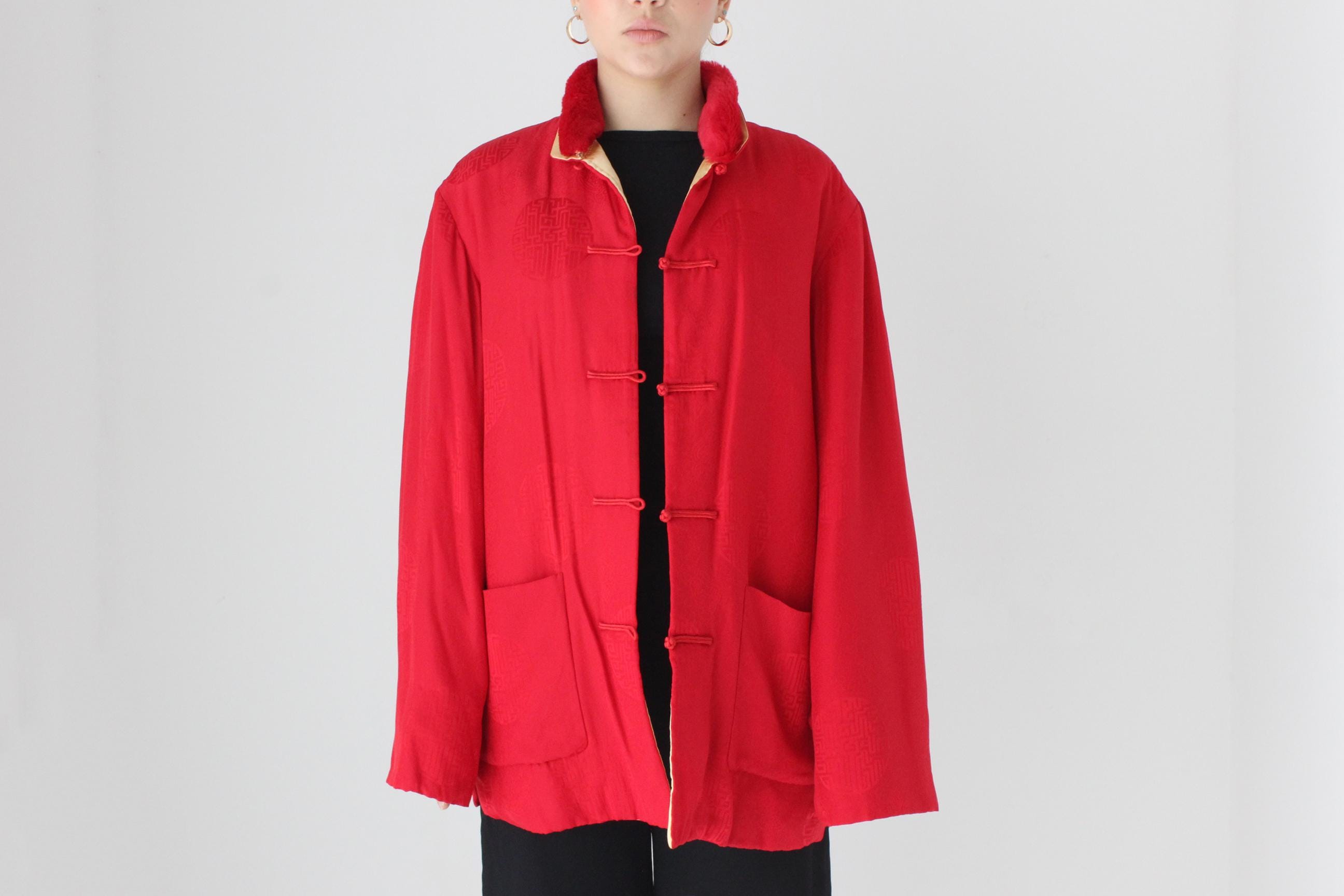 80s Red Pure Silk Mandarin Collar Quilted Bomber w/ Detachable Fur Collar