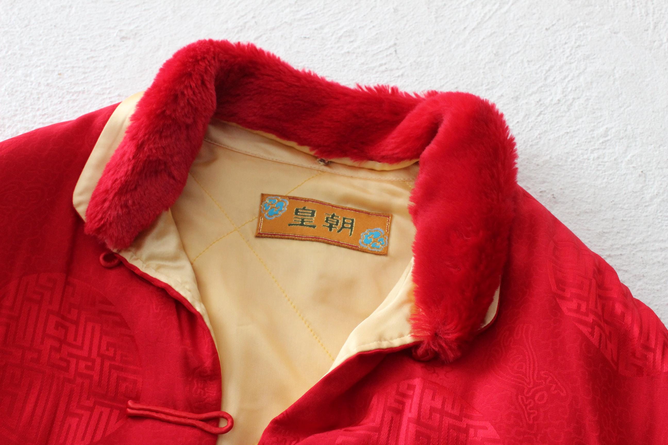 80s Red Pure Silk Mandarin Collar Quilted Bomber w/ Detachable Fur Collar