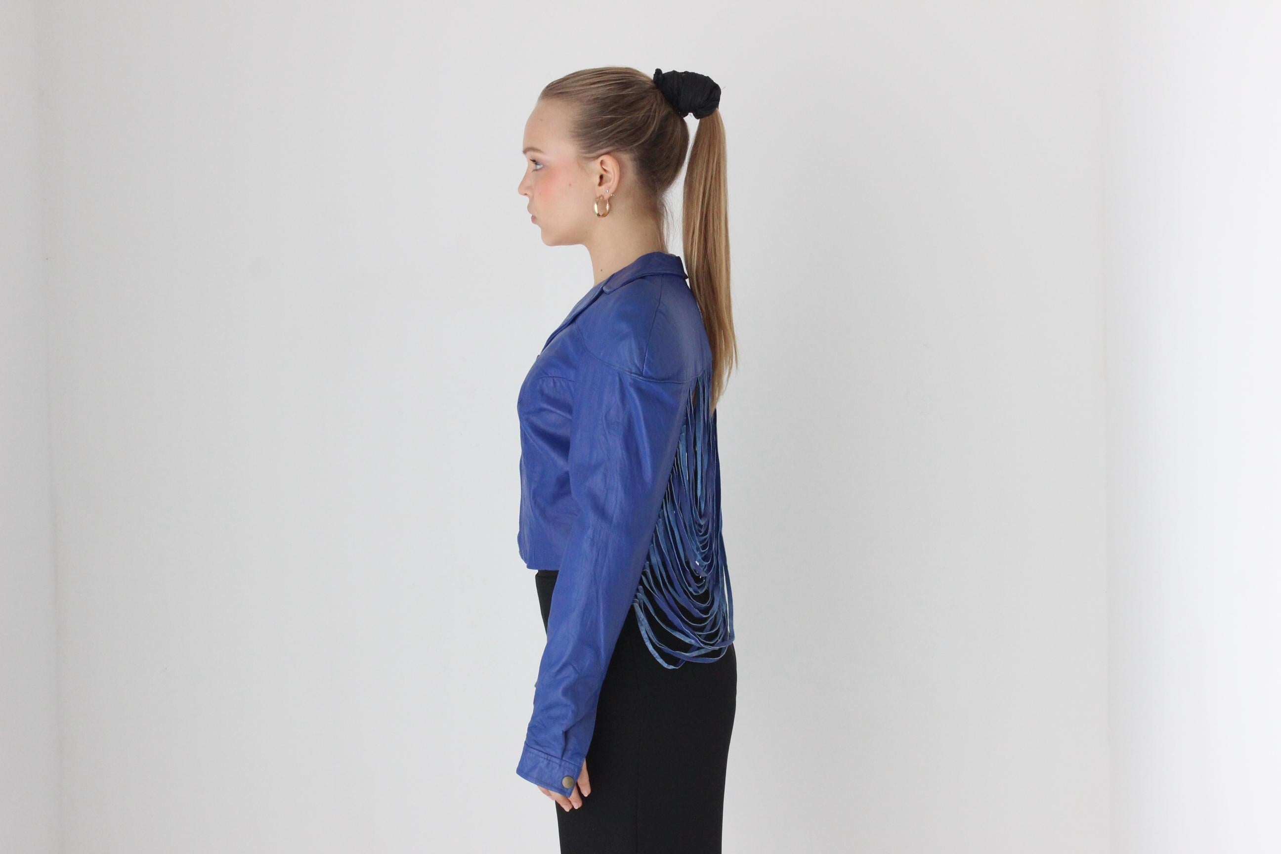 WOW 80s Cobalt Blue Leather Cropped Bomber w/ Cut Out Back & Fringe