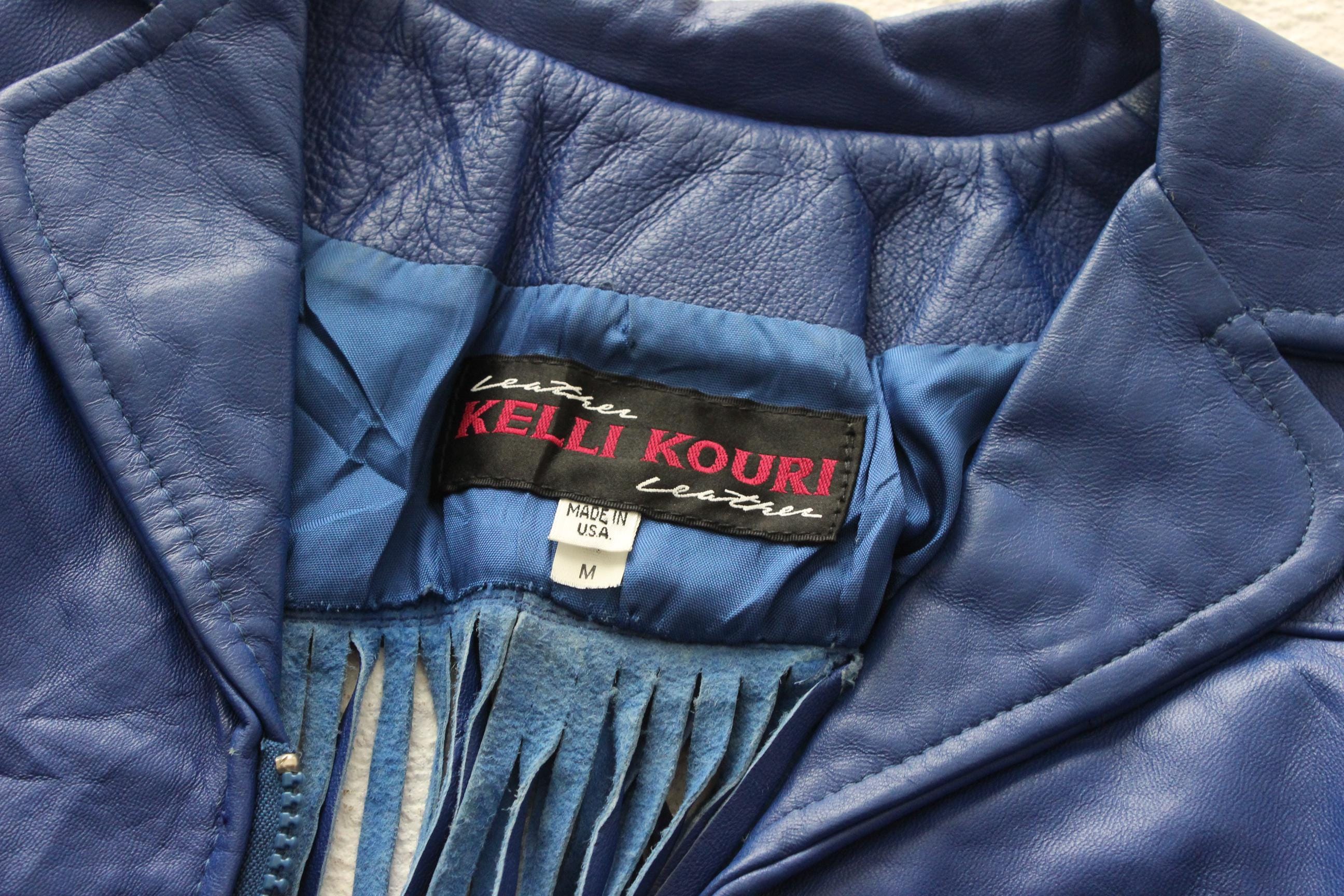 WOW 80s Cobalt Blue Leather Cropped Bomber w/ Cut Out Back & Fringe