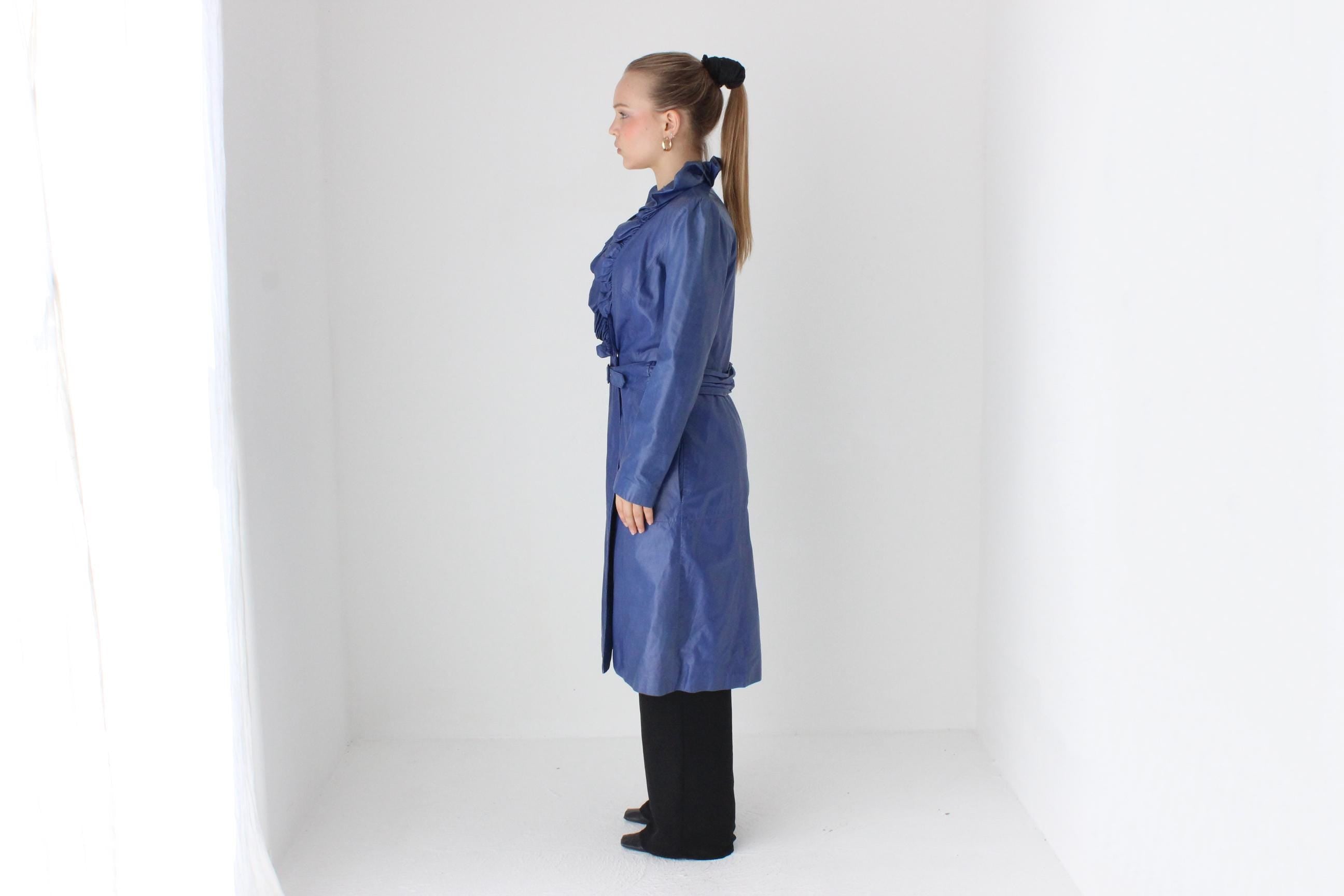 Sassy Y2K Blue Leather Ruffle Collar Belted Trench