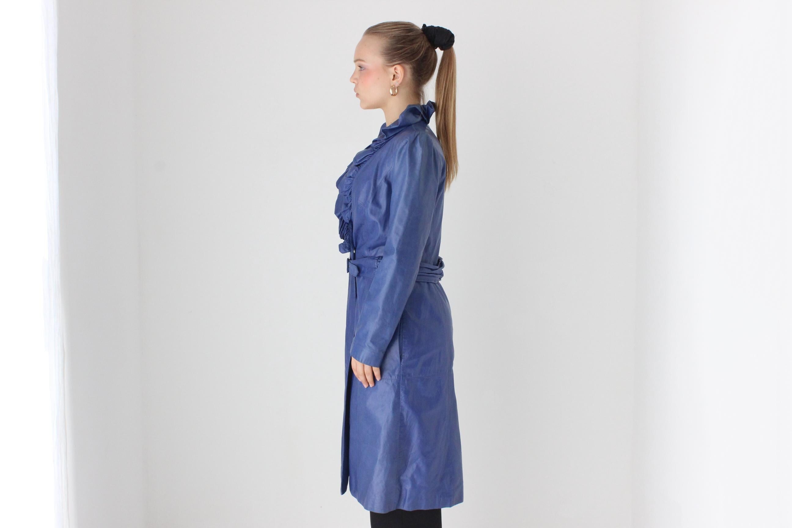 Sassy Y2K Blue Leather Ruffle Collar Belted Trench