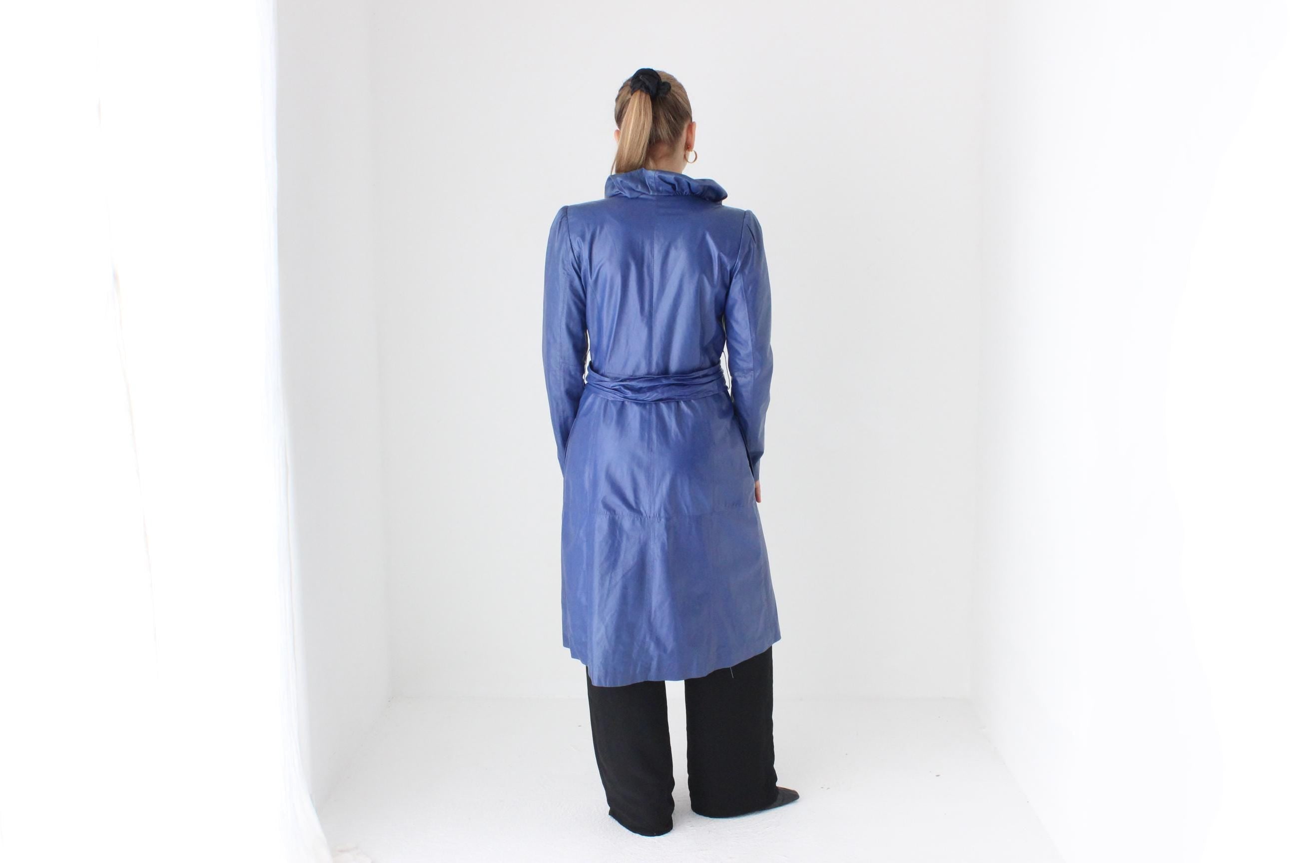 Sassy Y2K Blue Leather Ruffle Collar Belted Trench