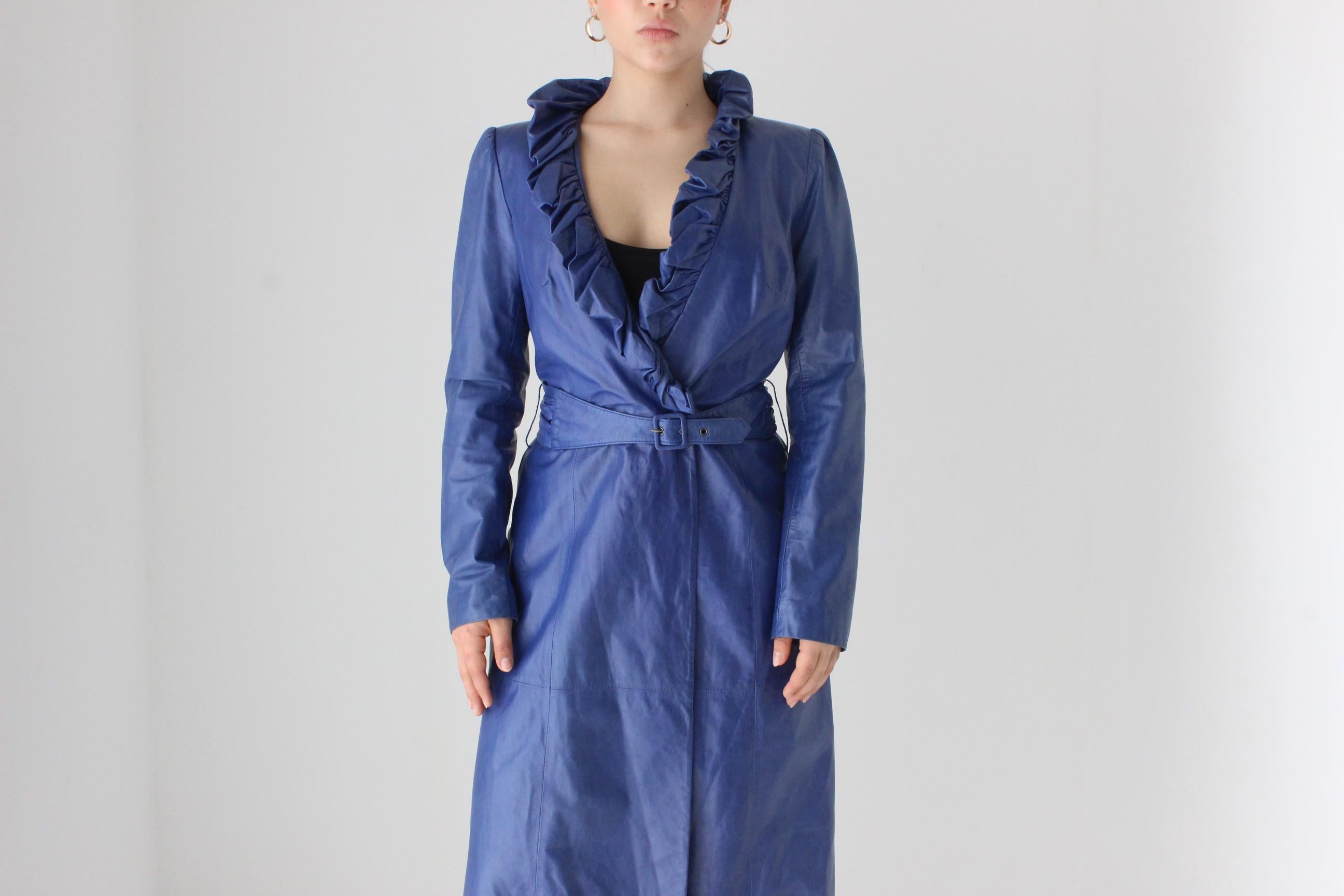 Sassy Y2K Blue Leather Ruffle Collar Belted Trench