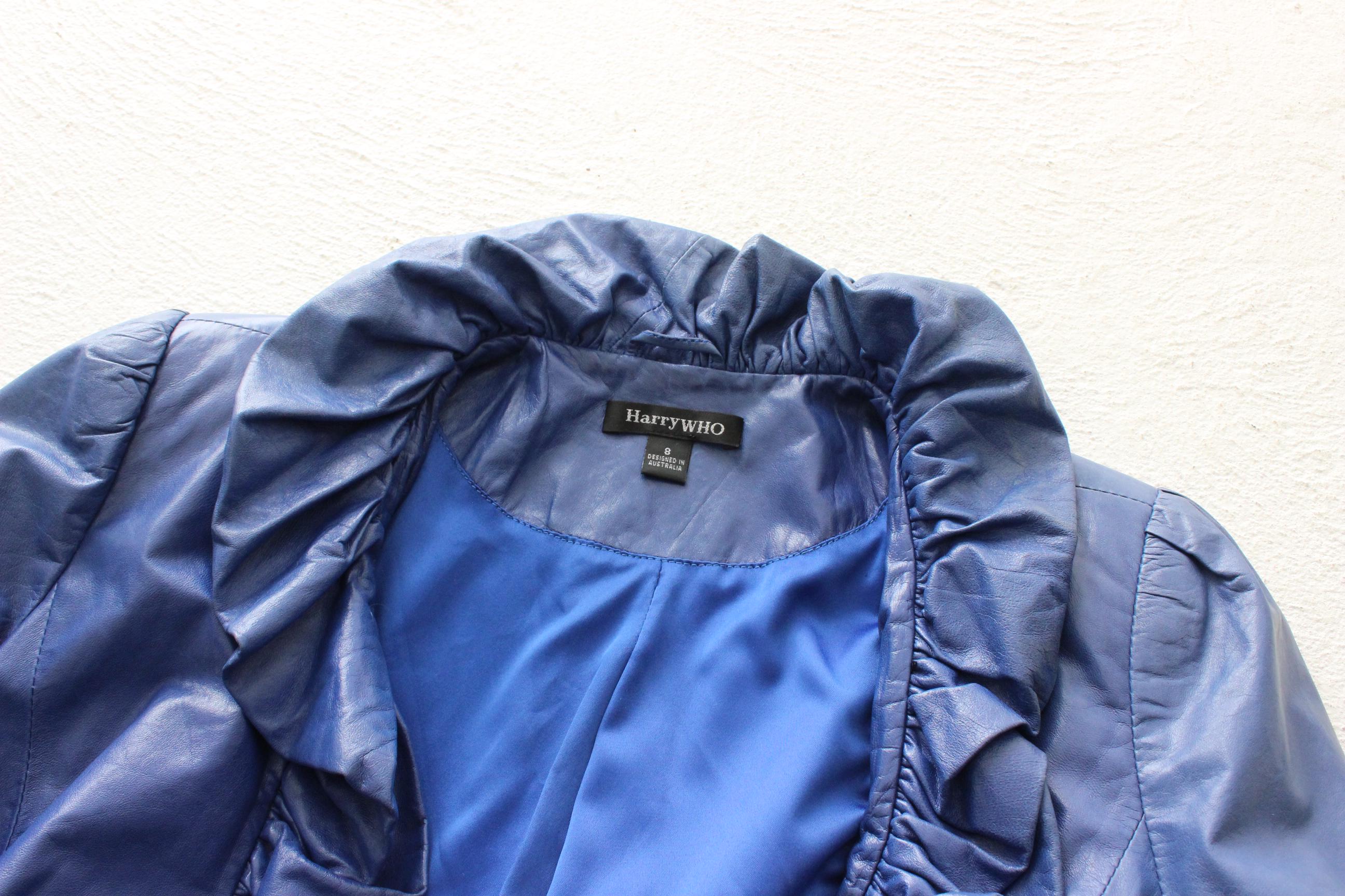 Sassy Y2K Blue Leather Ruffle Collar Belted Trench