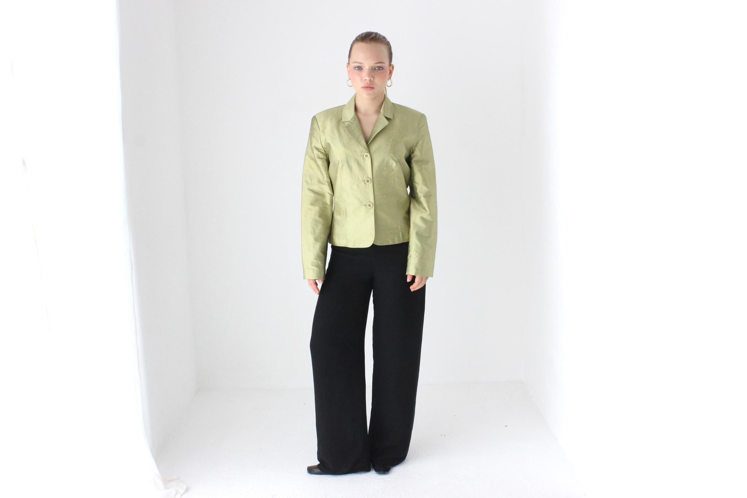 Y2K Olive Metallic Raw Silk Boxy Blazer