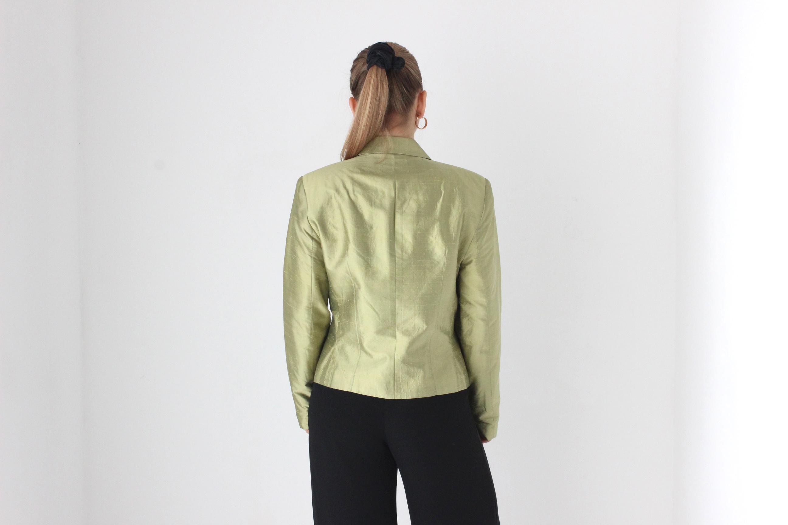 Y2K Olive Metallic Raw Silk Boxy Blazer