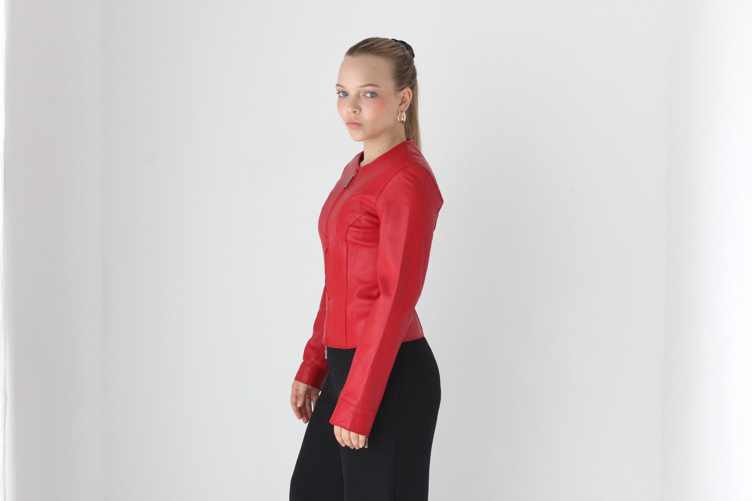Y2K Sexy Red Zip Front Fitted Leather Jacket