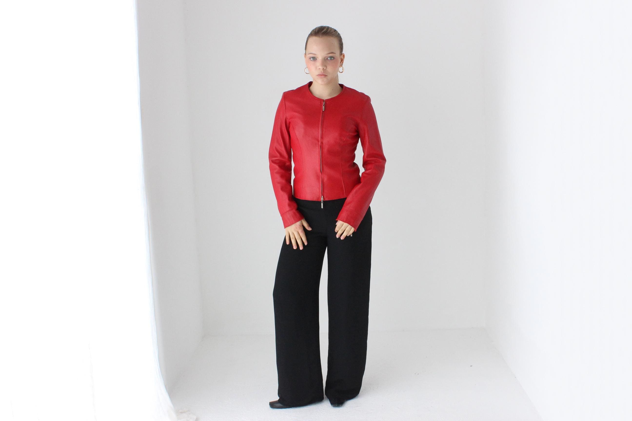 Y2K Sexy Red Zip Front Fitted Leather Jacket