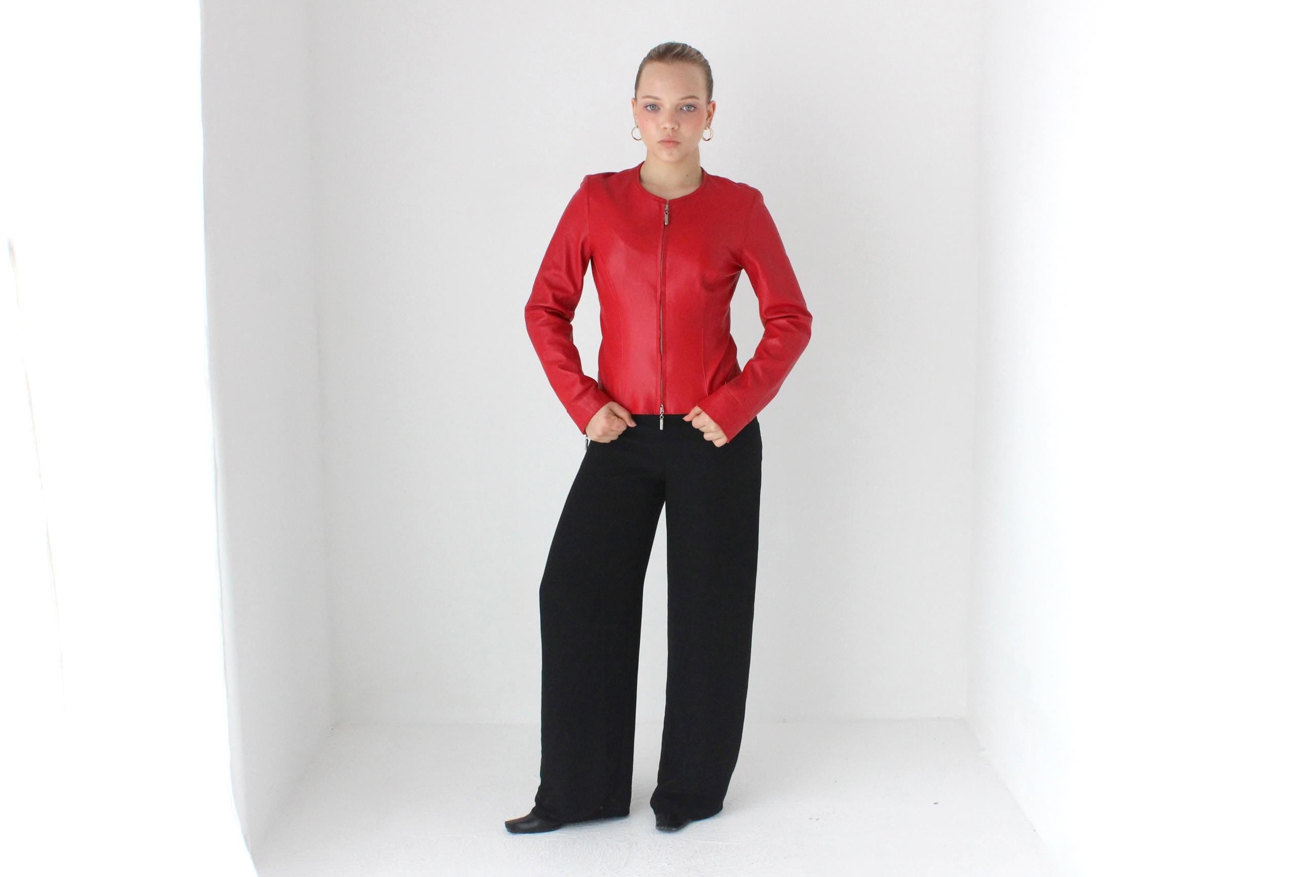 Y2K Sexy Red Zip Front Fitted Leather Jacket
