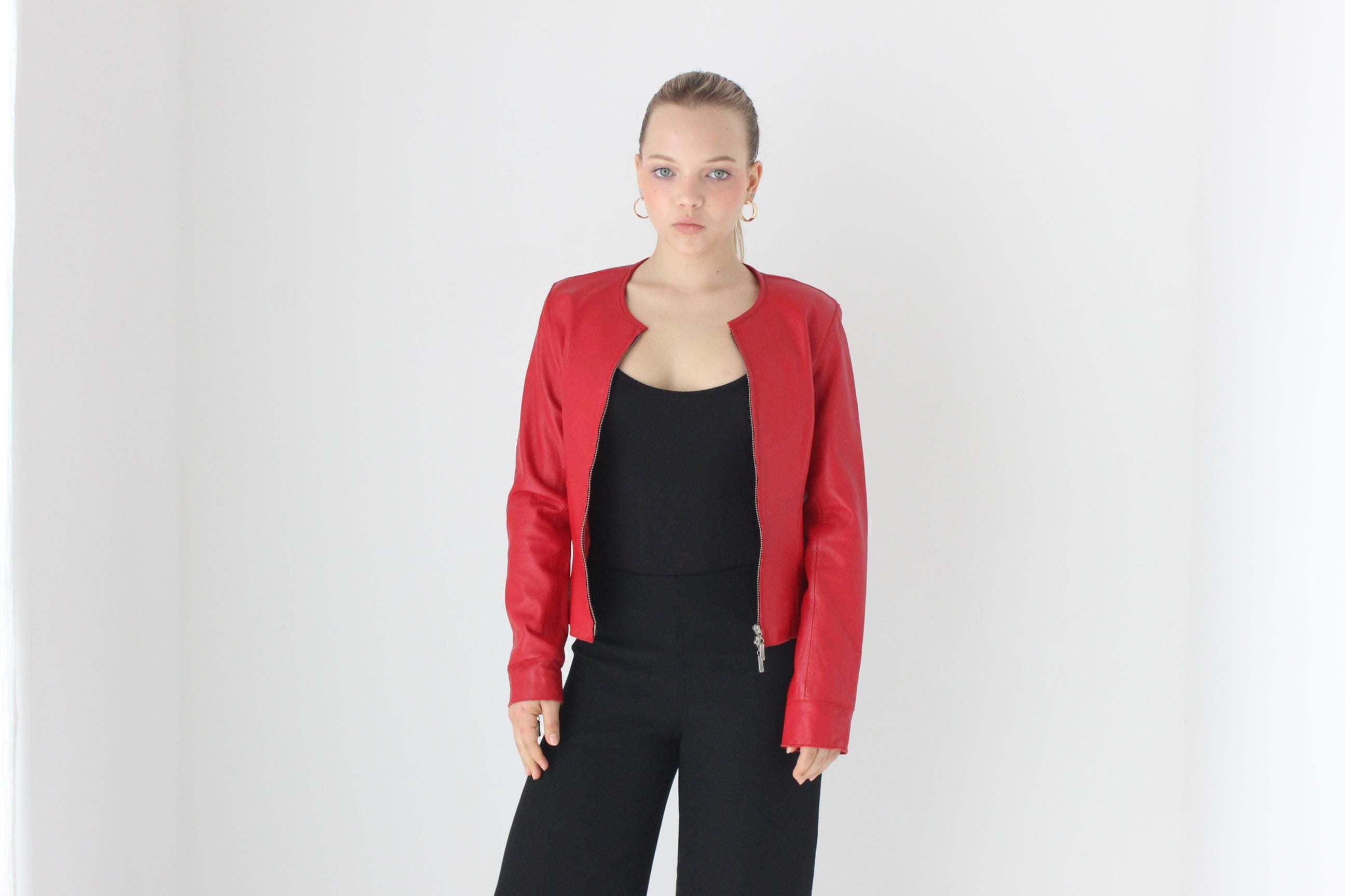 Y2K Sexy Red Zip Front Fitted Leather Jacket