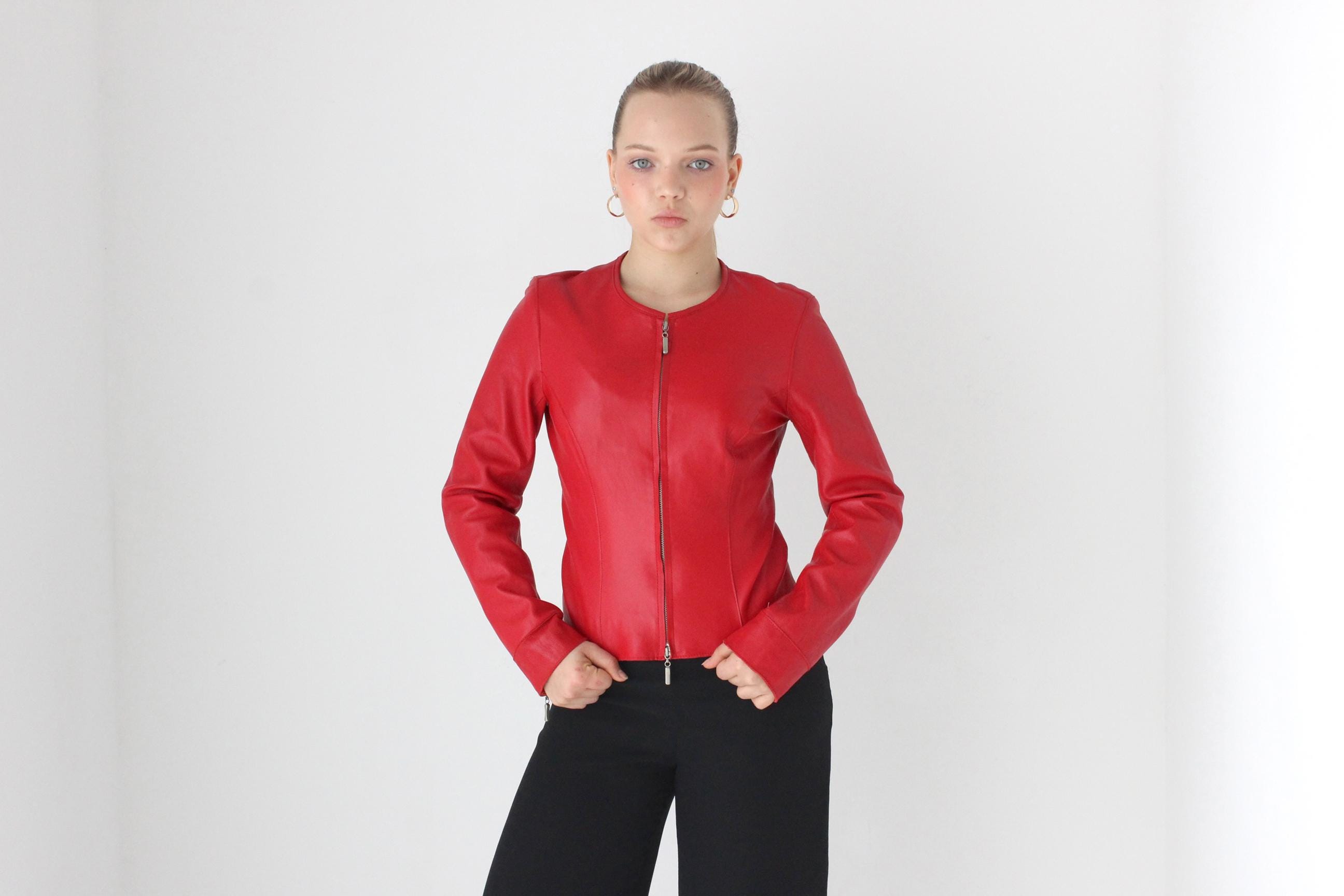 Y2K Sexy Red Zip Front Fitted Leather Jacket