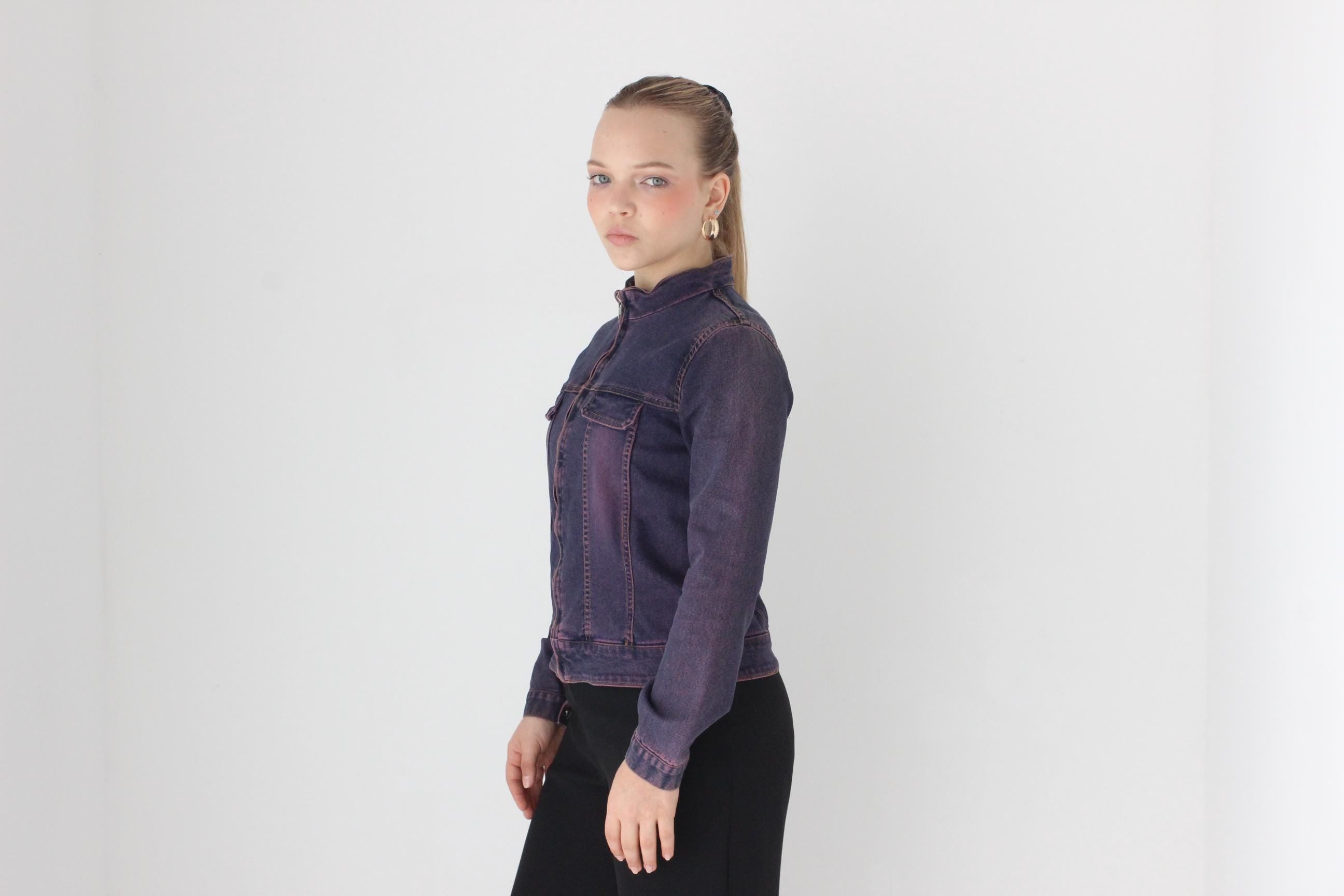 Y2K Charlie's Angels Era Purple Denim Zip Up Moto Jacket