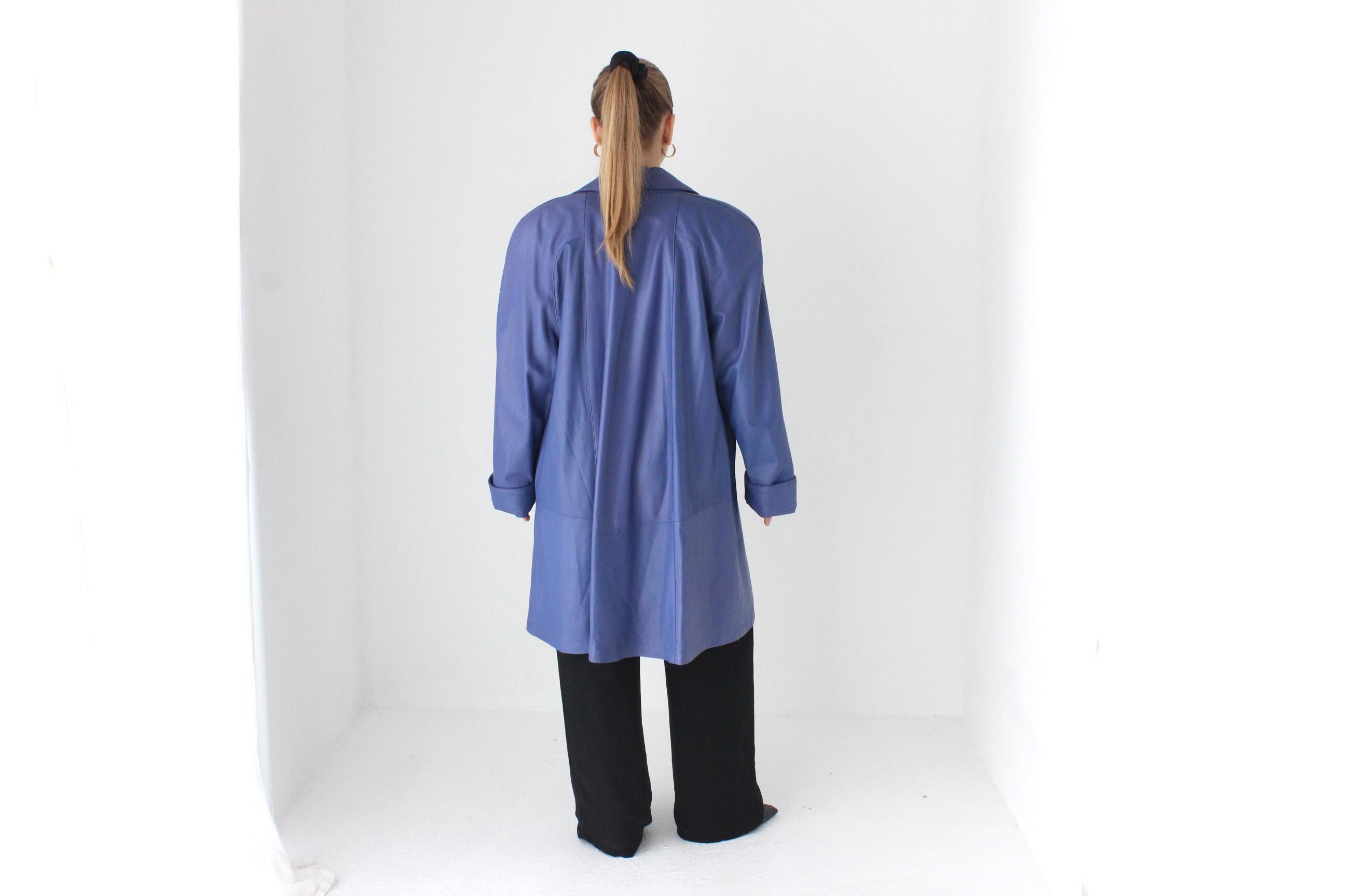 Buttery 80s Blue Leather Longline Swing Coat