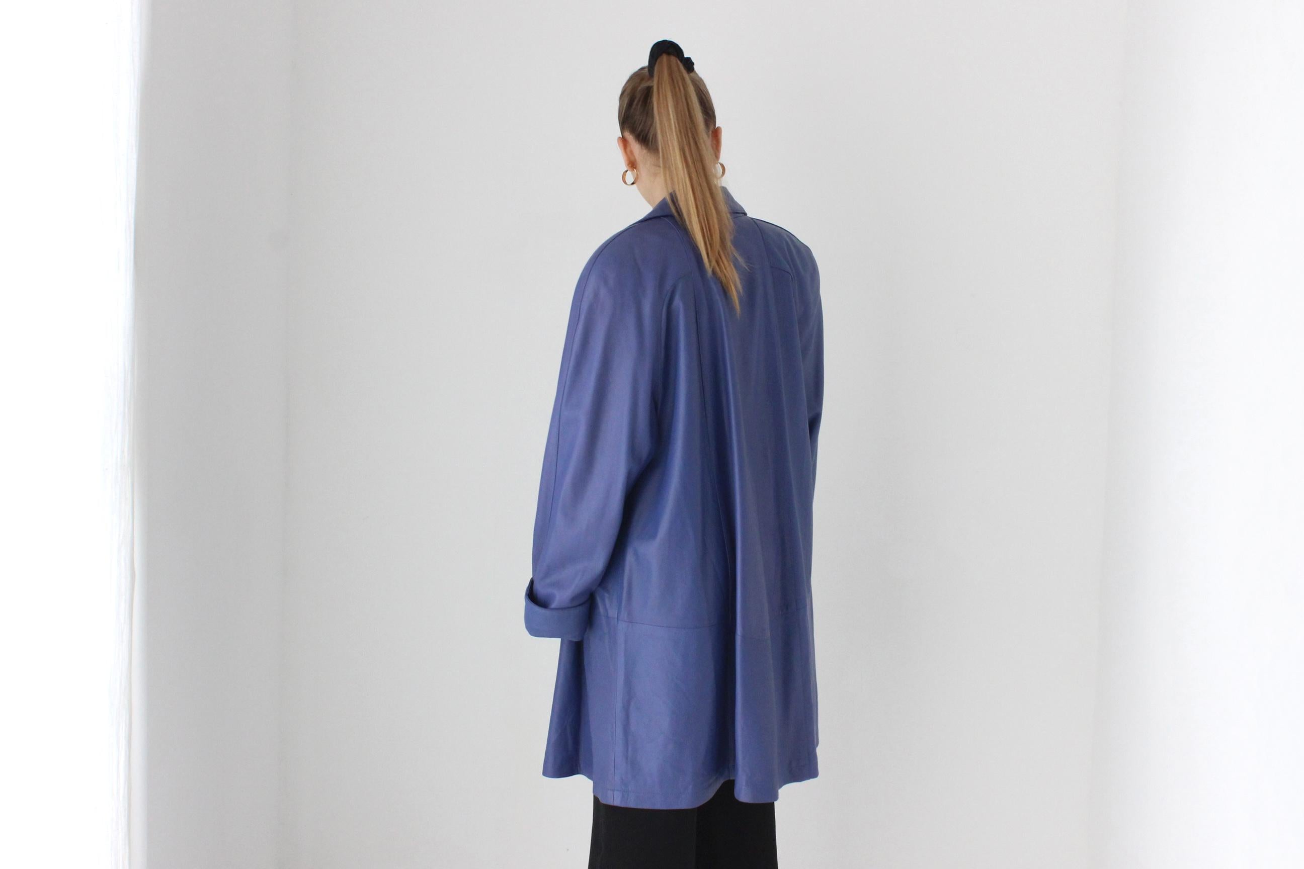 Buttery 80s Blue Leather Longline Swing Coat