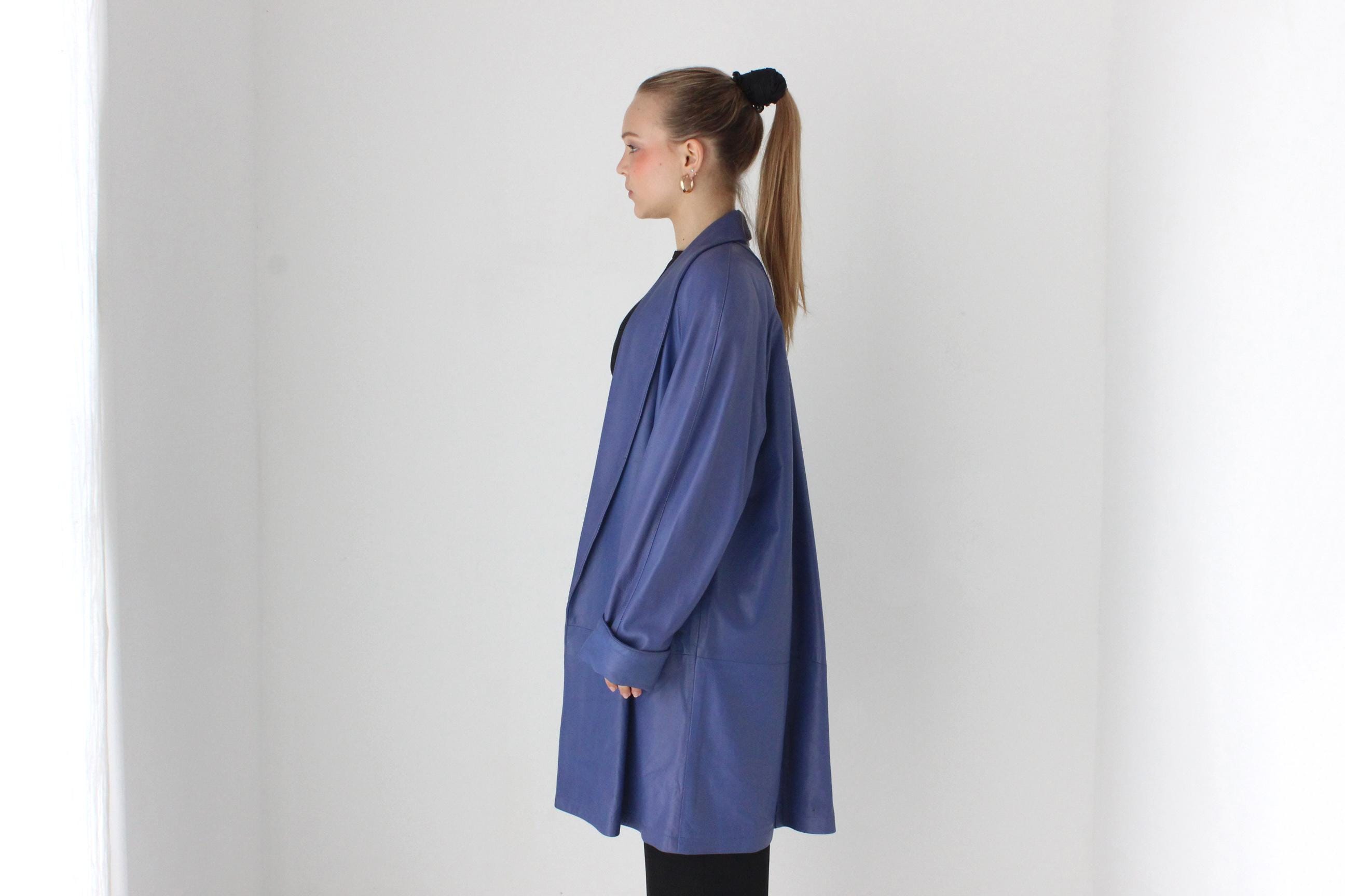 Buttery 80s Blue Leather Longline Swing Coat