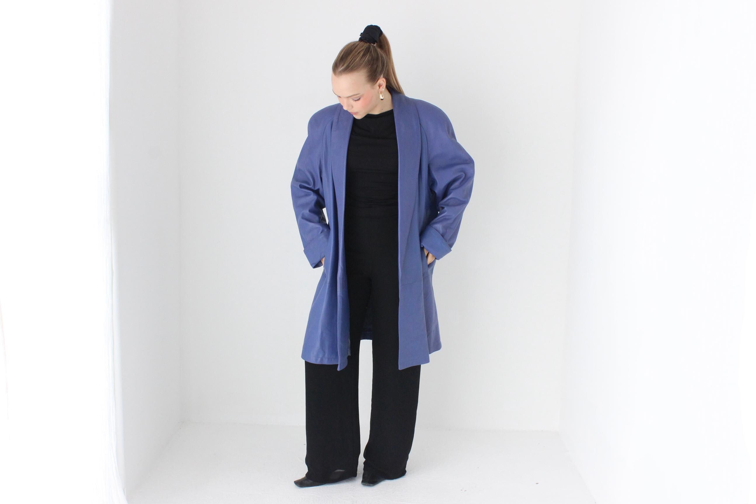 Buttery 80s Blue Leather Longline Swing Coat