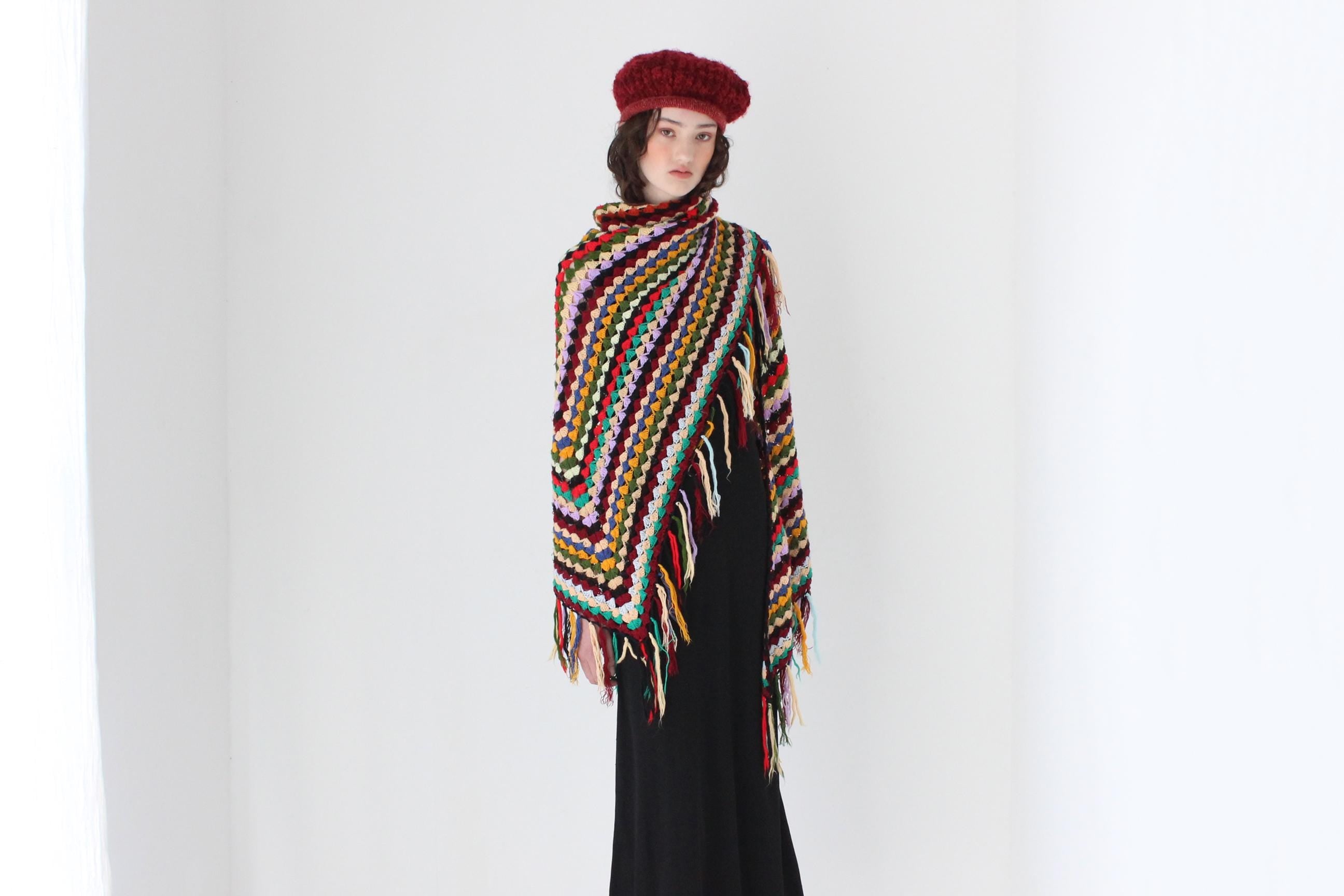 FRENCH COLLECTION 70s Handmade Rainbow Knit Crochet Shawl