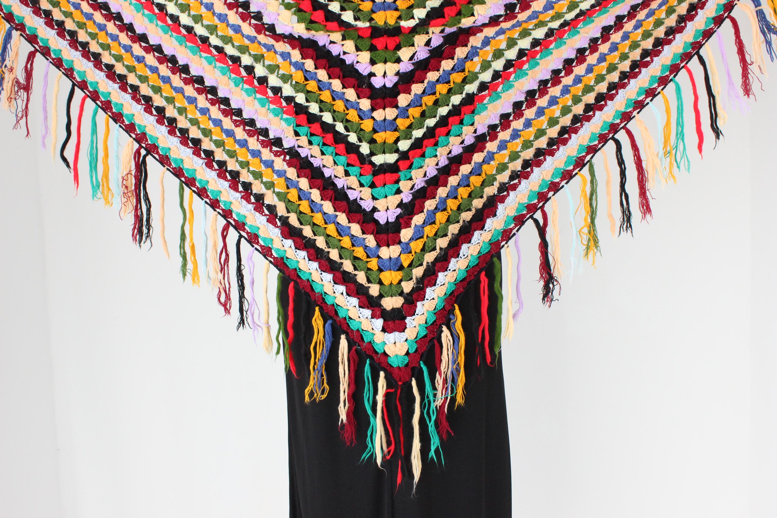 FRENCH COLLECTION 70s Handmade Rainbow Knit Crochet Shawl