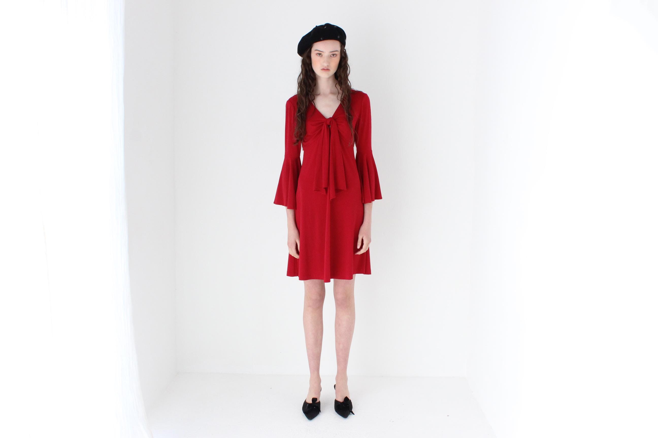 FRENCH COLLECTION 80s Vicky Tiel Tie Front Flare Sleeve Dress