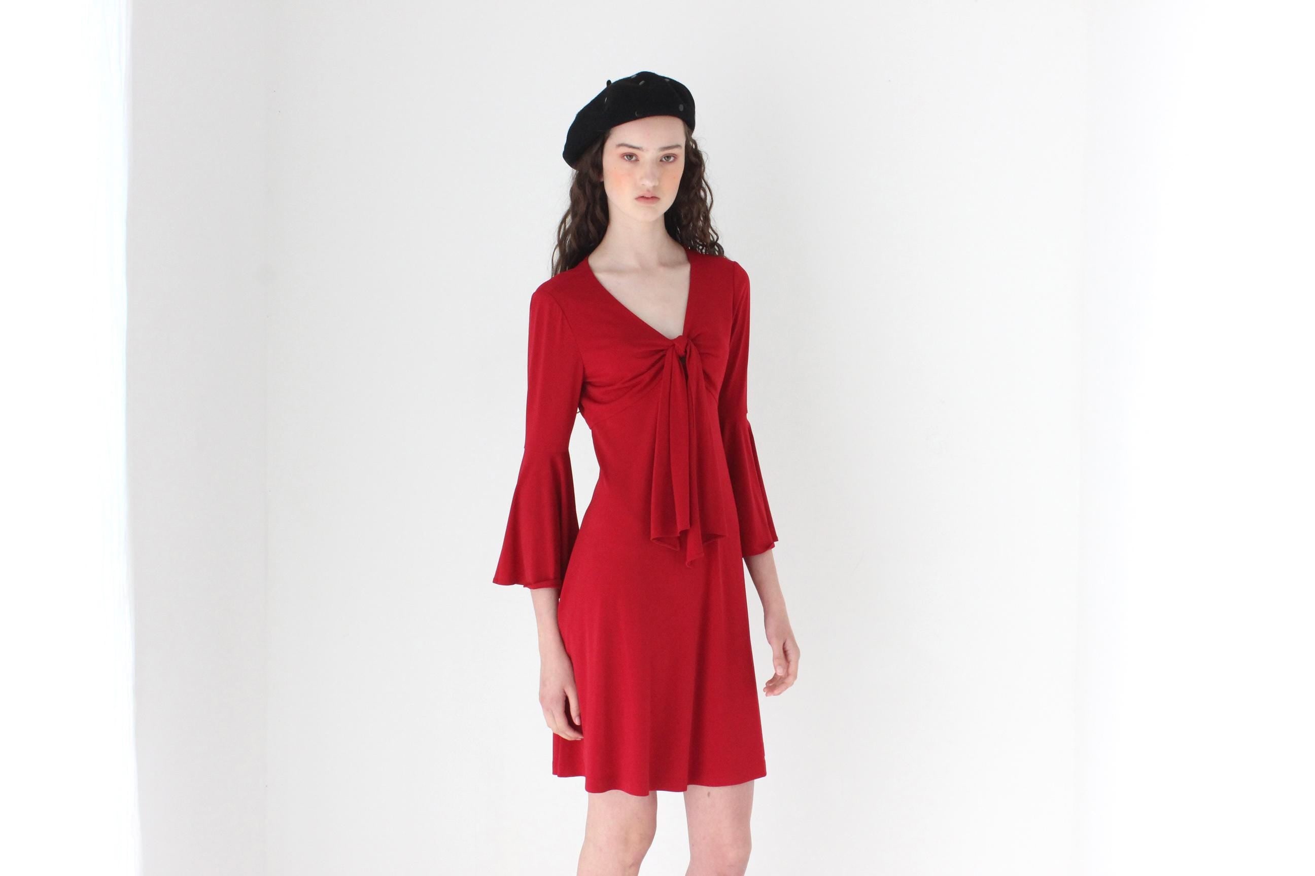 FRENCH COLLECTION 80s Vicky Tiel Tie Front Flare Sleeve Dress