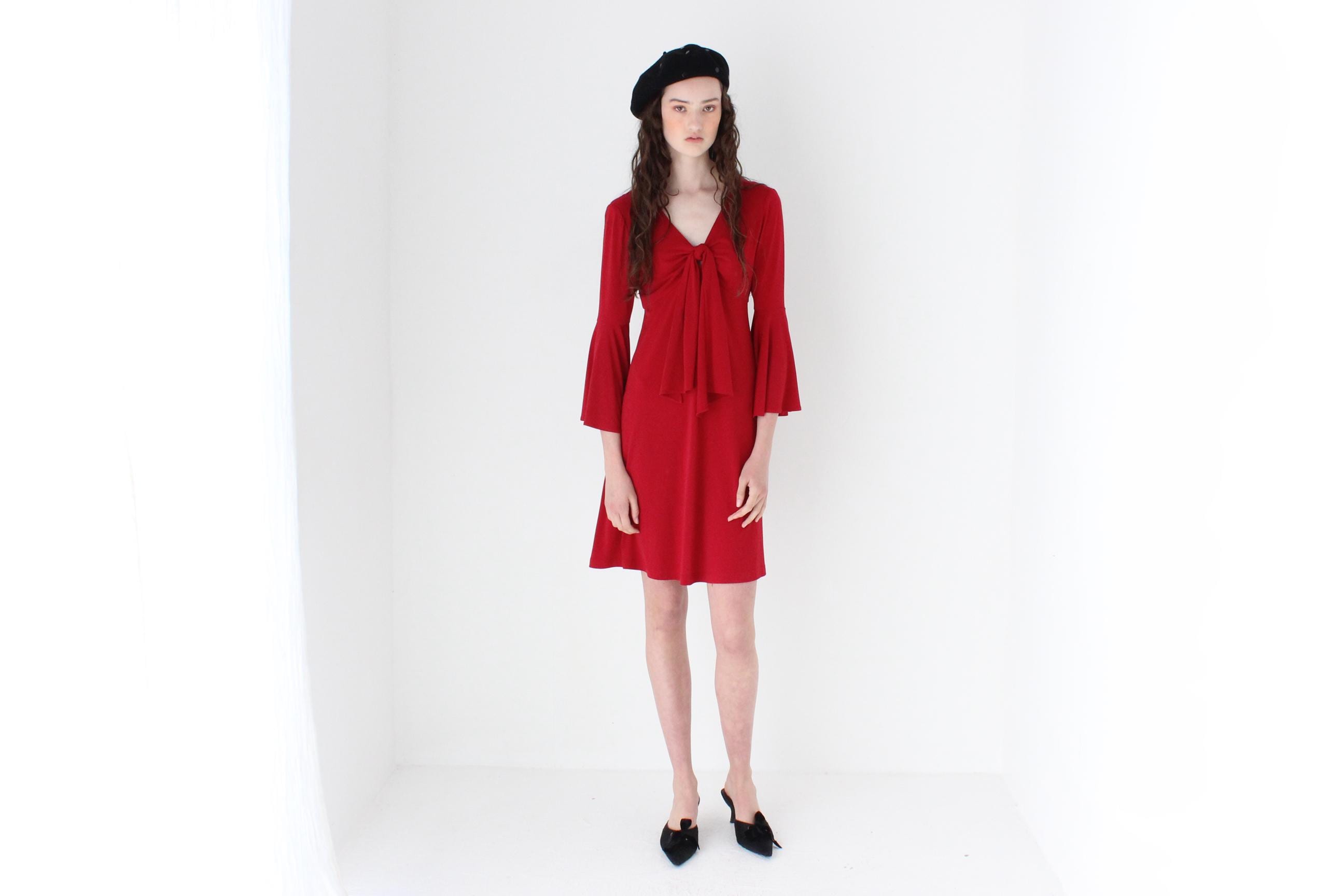 FRENCH COLLECTION 80s Vicky Tiel Tie Front Flare Sleeve Dress