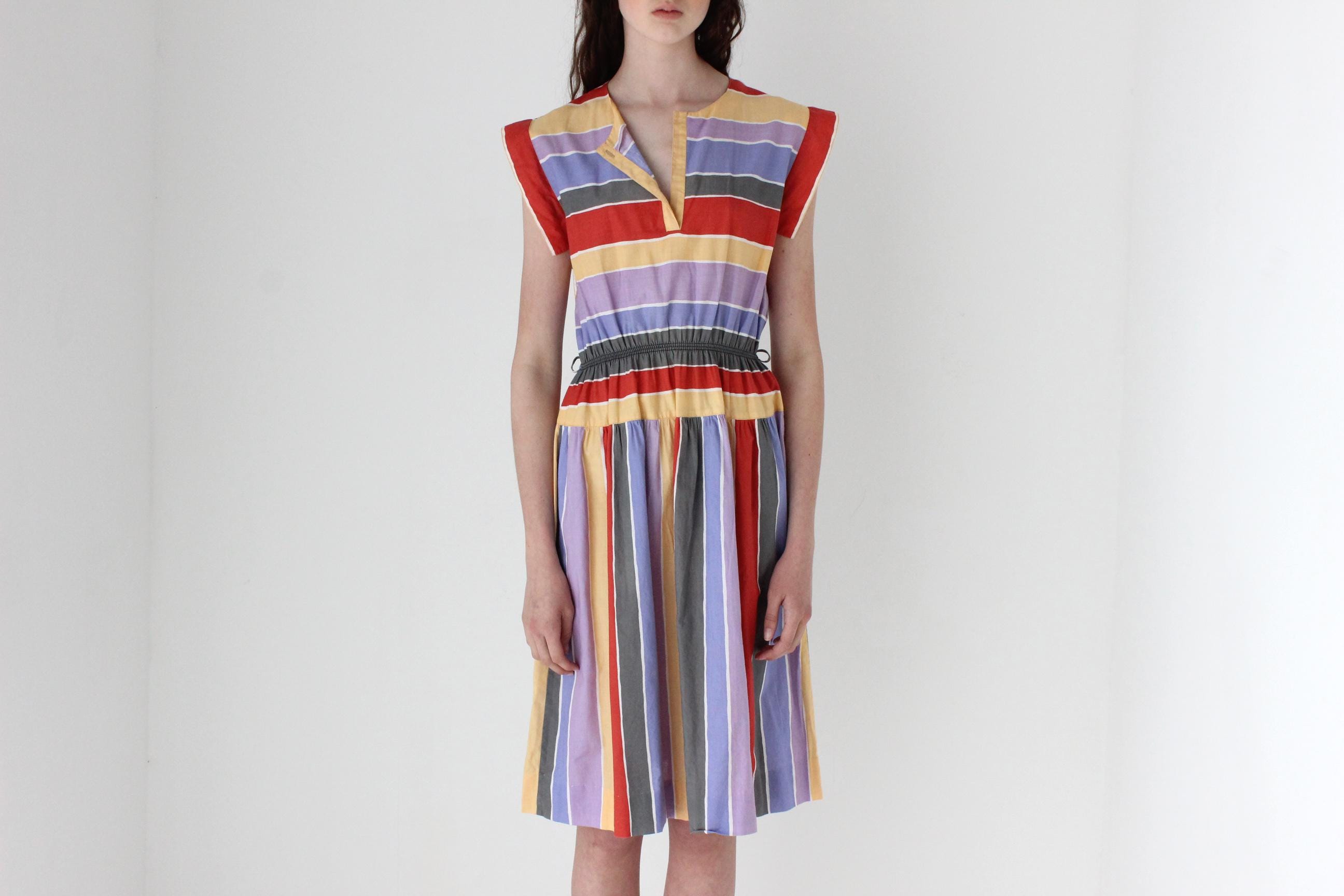 FRENCH COLLECTION 80s French Designer Rainbow Striped Sun Dress