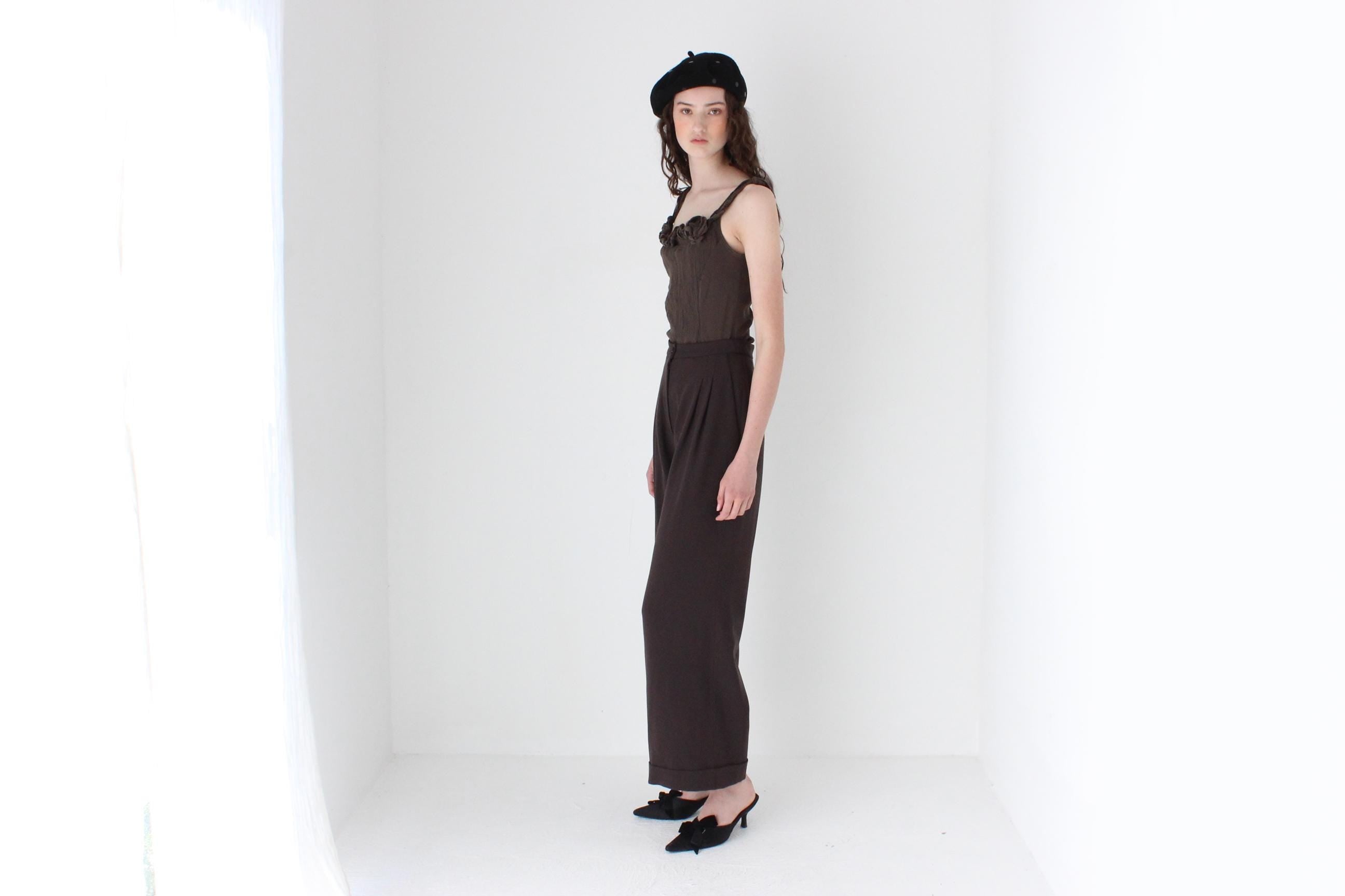 FRENCH COLLECTION 90s Christian Lacroix Pure Wool Chocolate Wide Leg Trousers